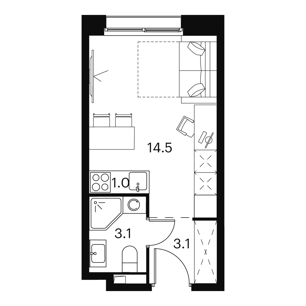 Планировка: студия, 21,7 м²