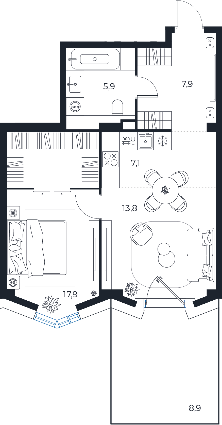 Планировка: 1-комнатная квартира, 55,3 м²