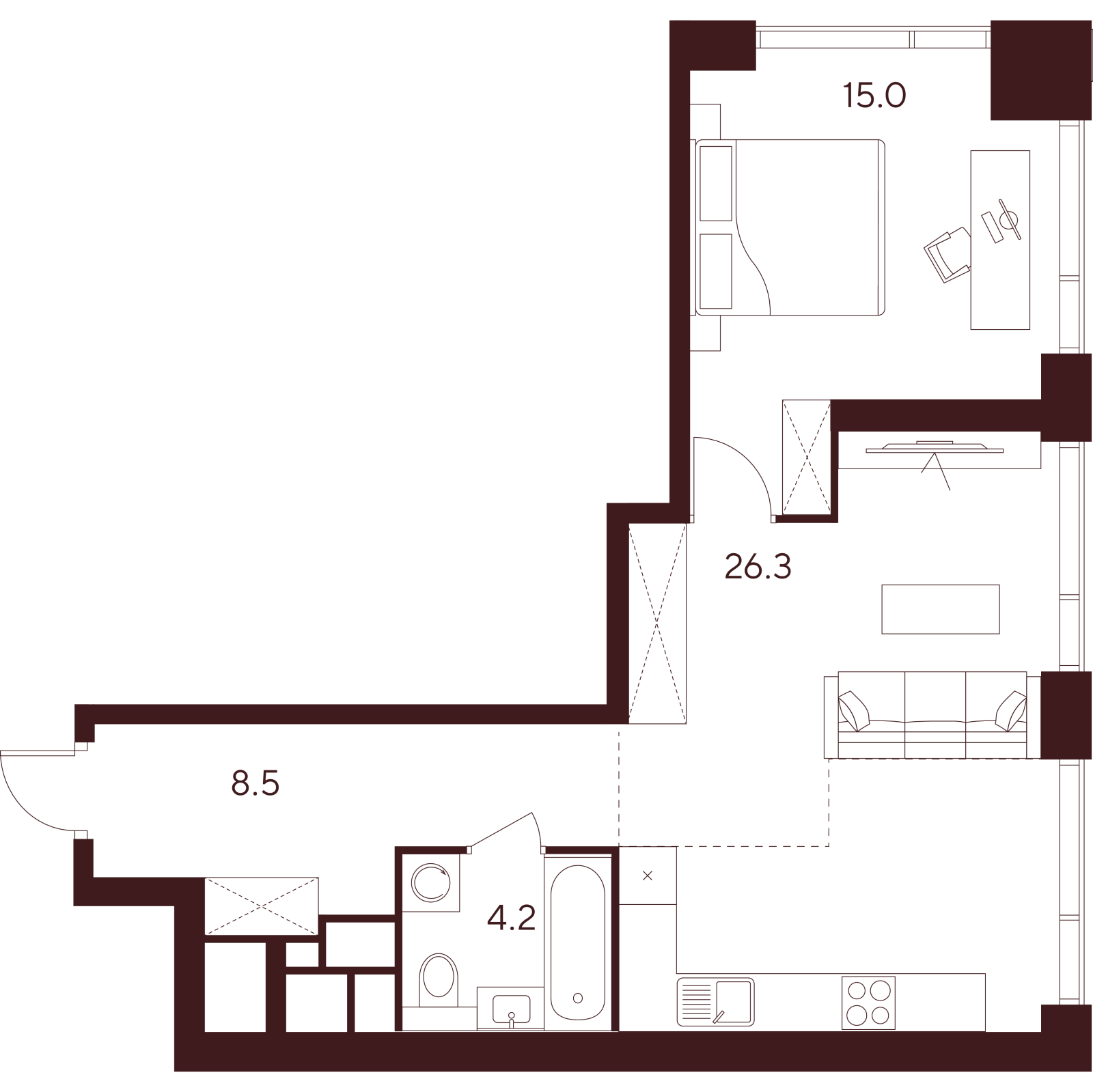 Планировка: 2-комнатная квартира, 54,0 м²