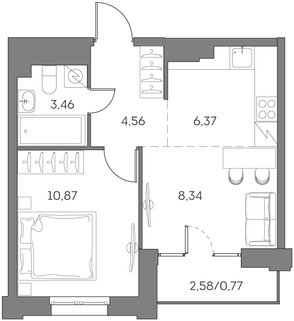 Планировка: 2-комнатная квартира, 34,4 м²