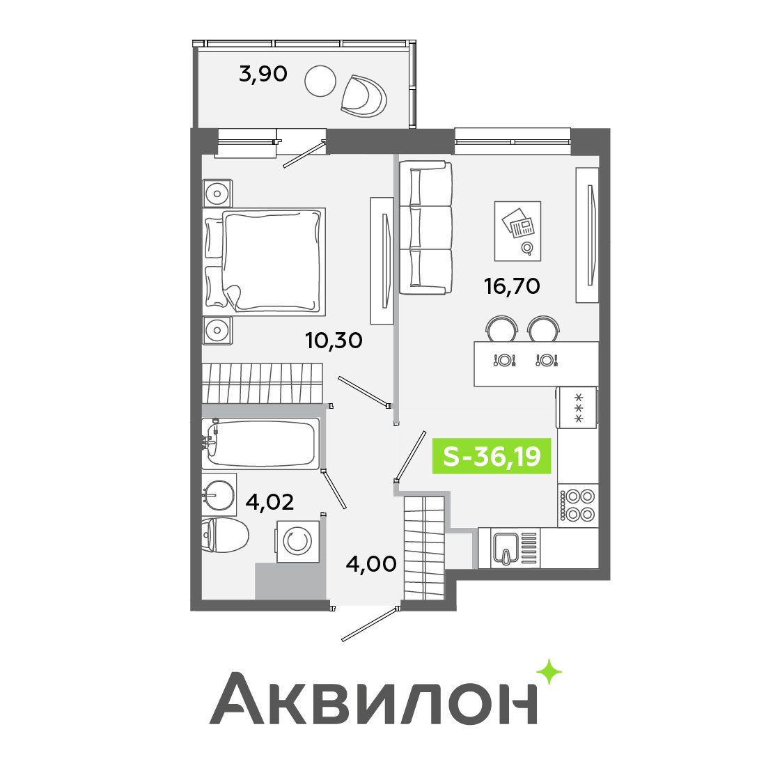 Планировка: 2-комнатная квартира, 36,2 м²