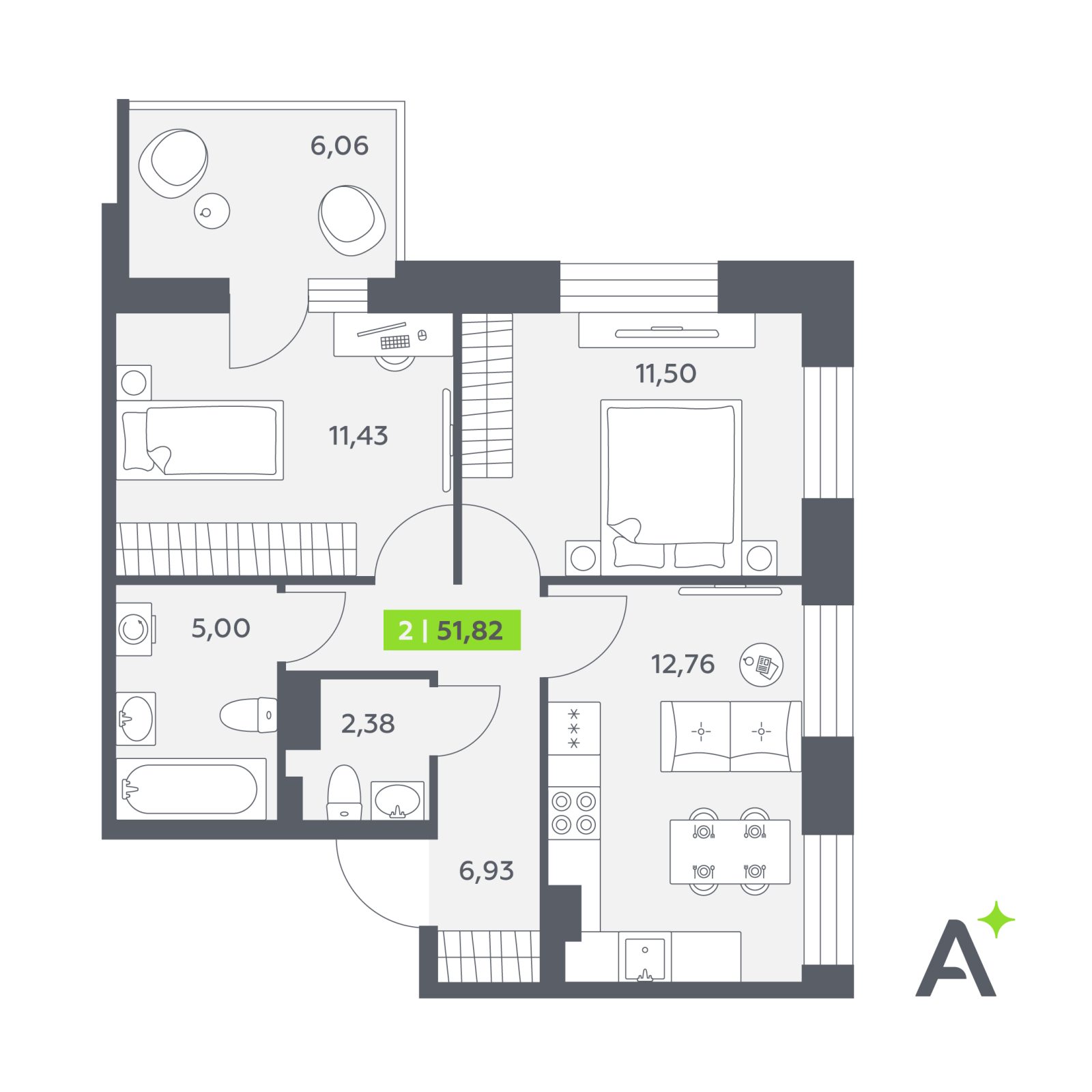 Планировка: 2-комнатная квартира, 51,8 м²