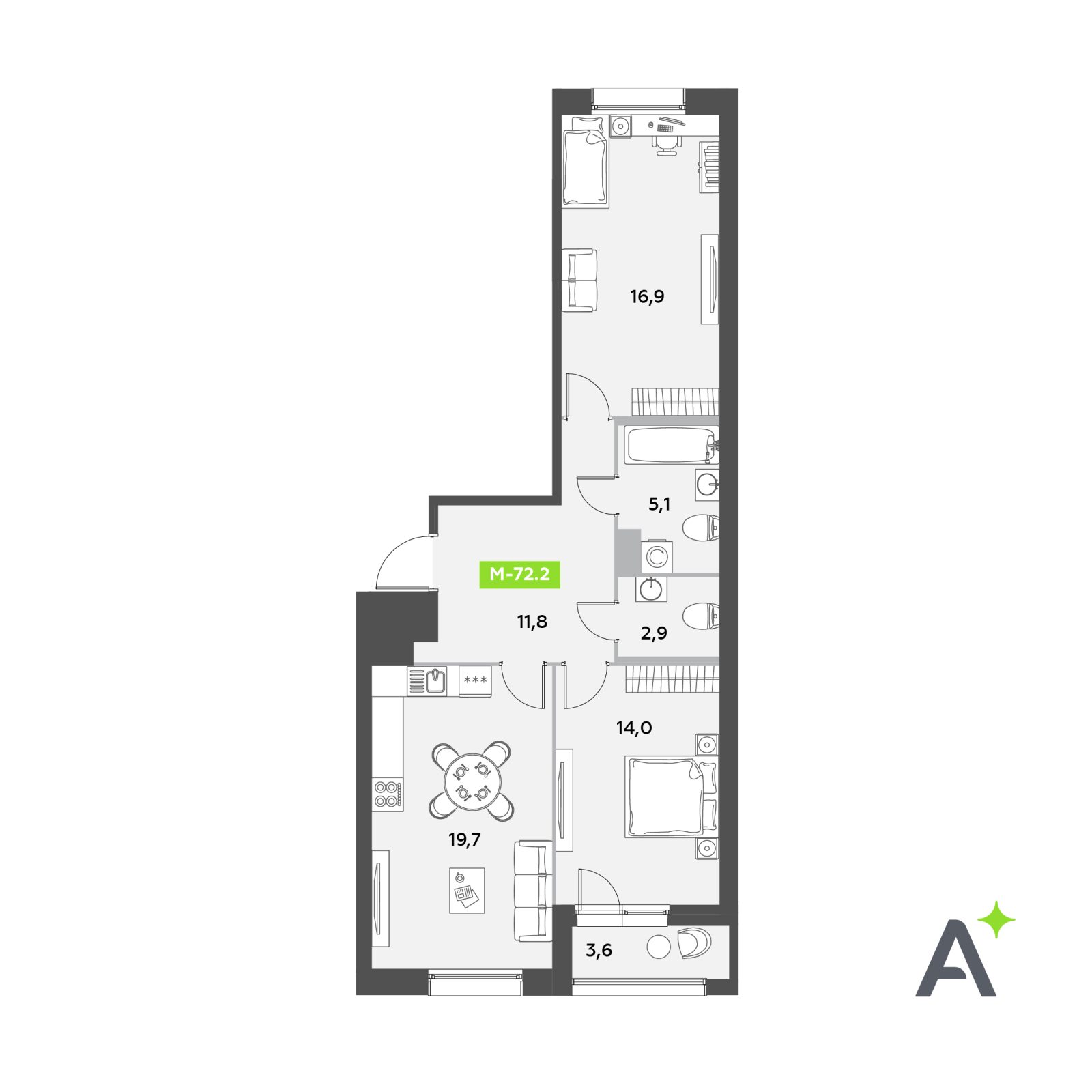Планировка: 3-комнатная квартира, 72,2 м²