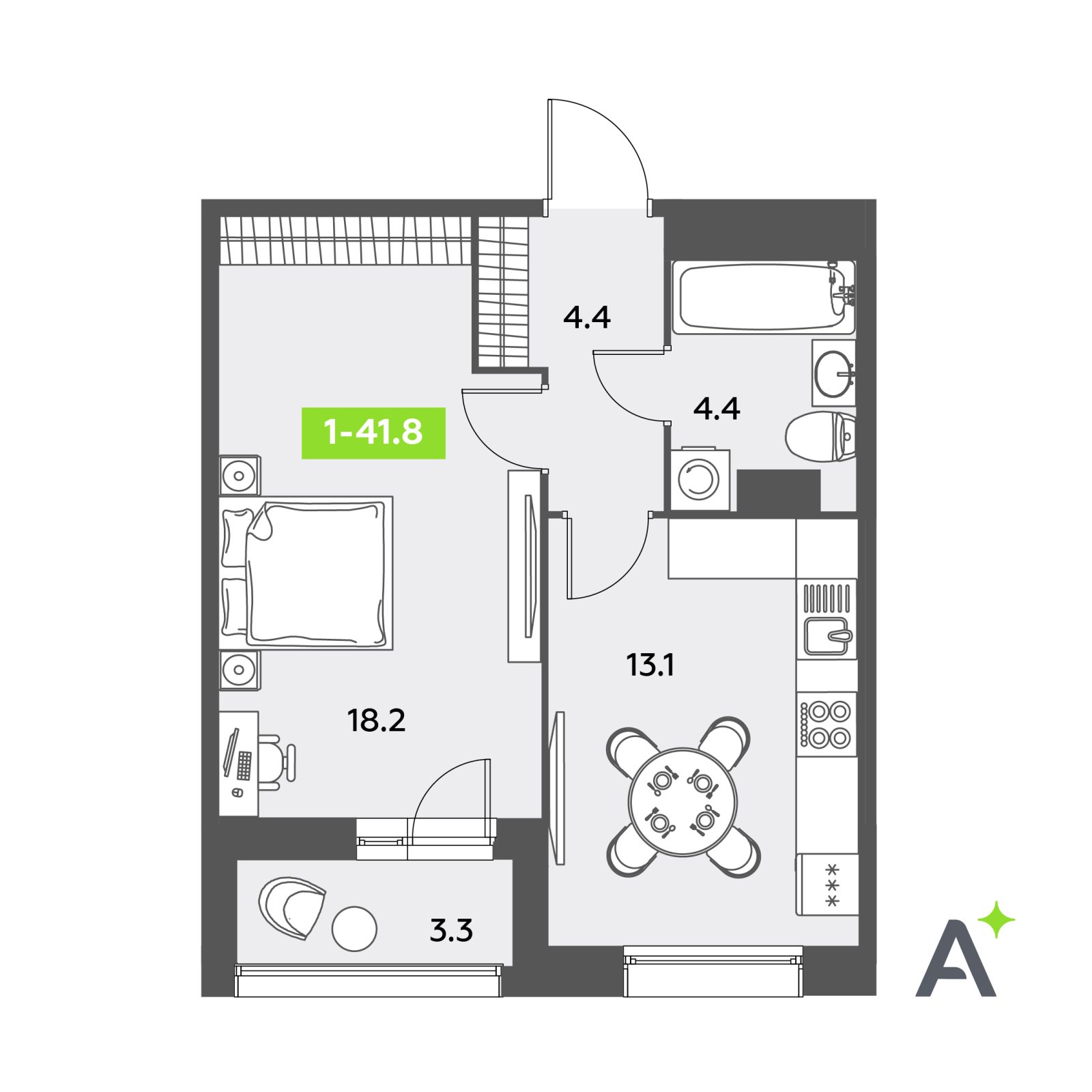 Планировка: 1-комнатная квартира, 41,8 м²