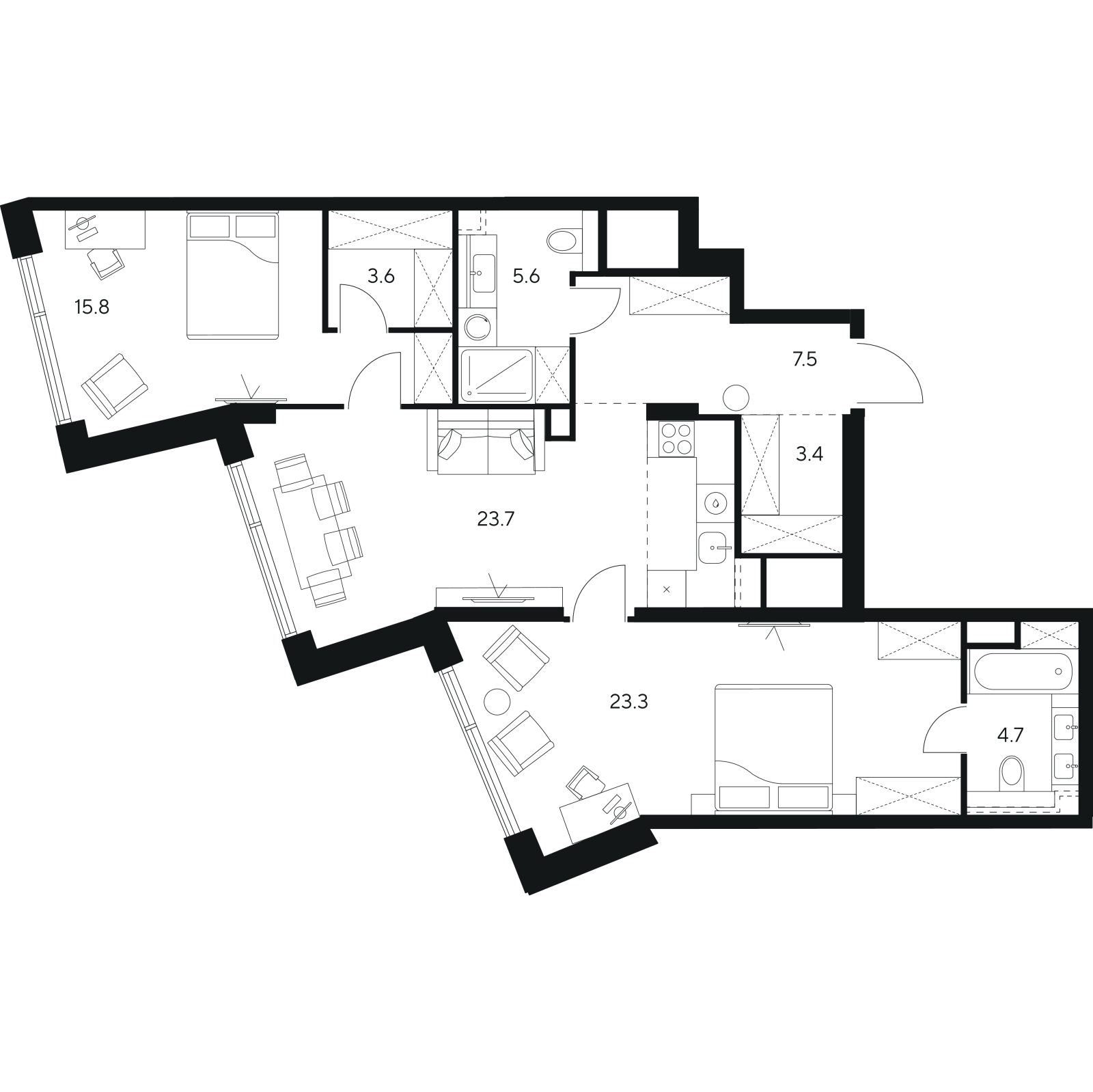 Планировка: 3-комнатная квартира, 87,6 м²
