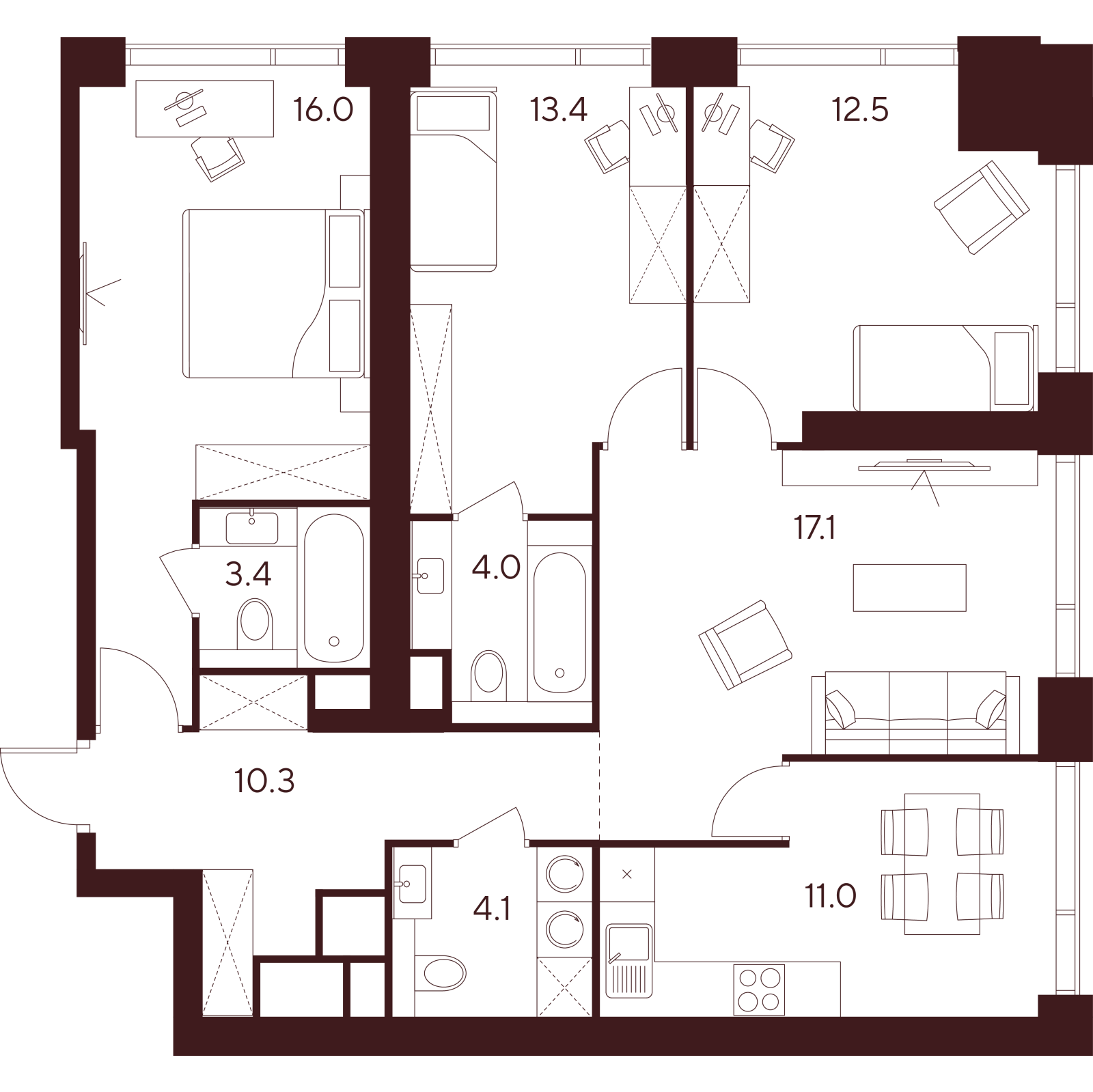 Планировка: 4-комнатная квартира, 91,8 м²