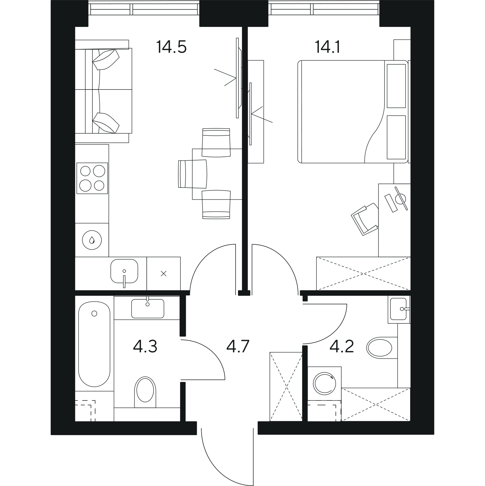 Планировка: 1-комнатная квартира, 41,8 м²
