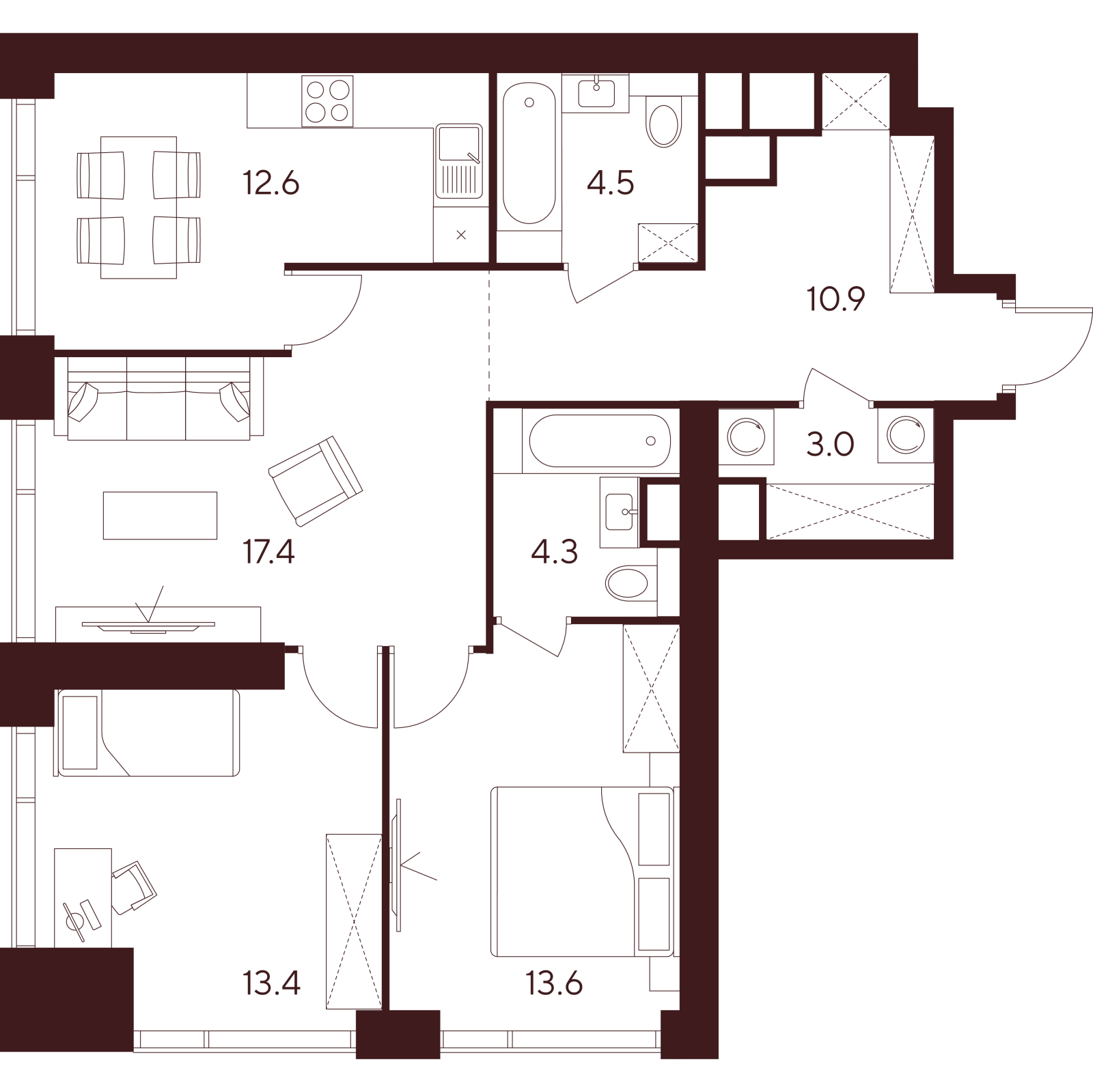 Планировка: 3-комнатная квартира, 79,7 м²