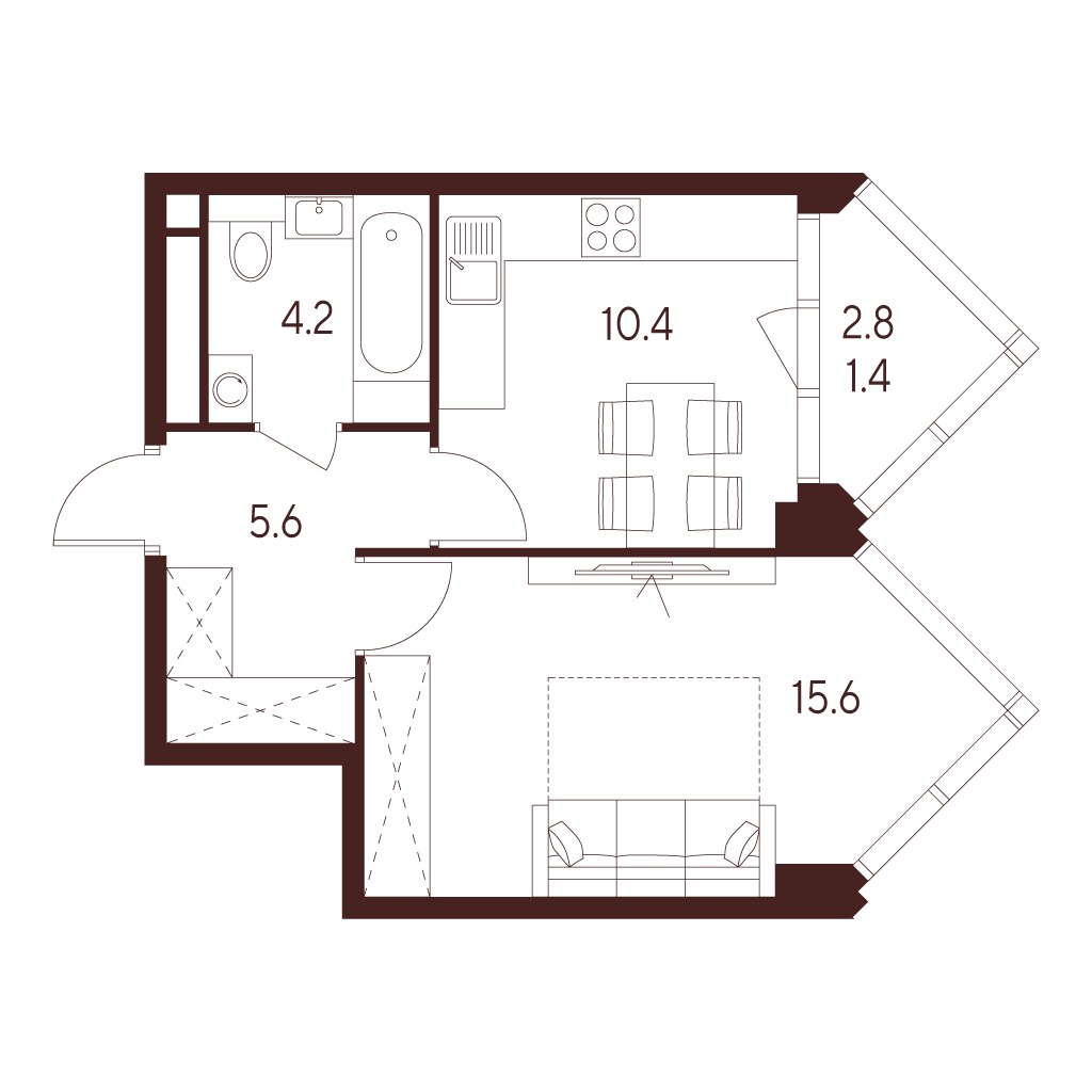 Планировка: 1-комнатная квартира, 37,2 м²