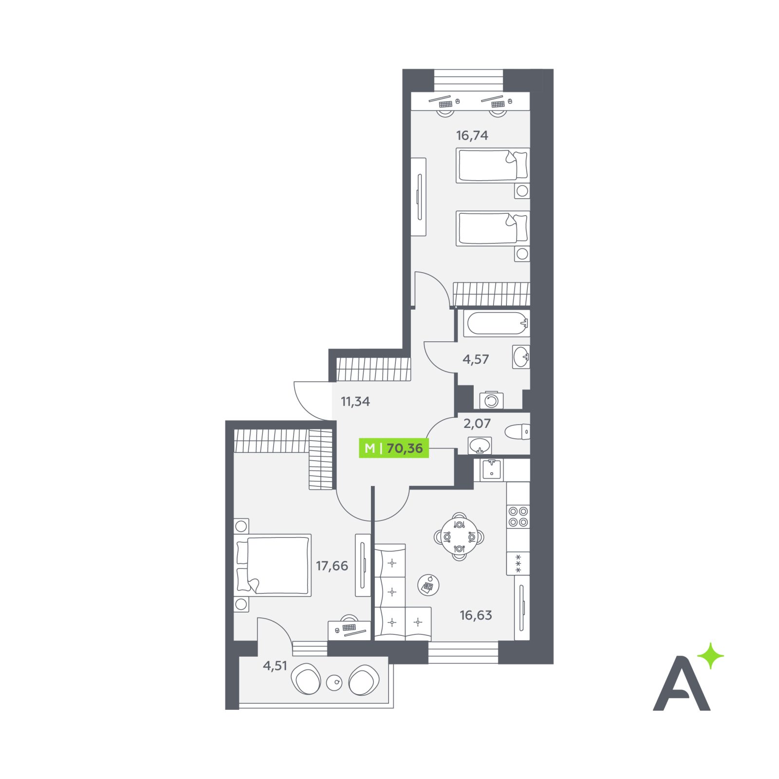 Планировка: 3-комнатная квартира, 70,4 м²