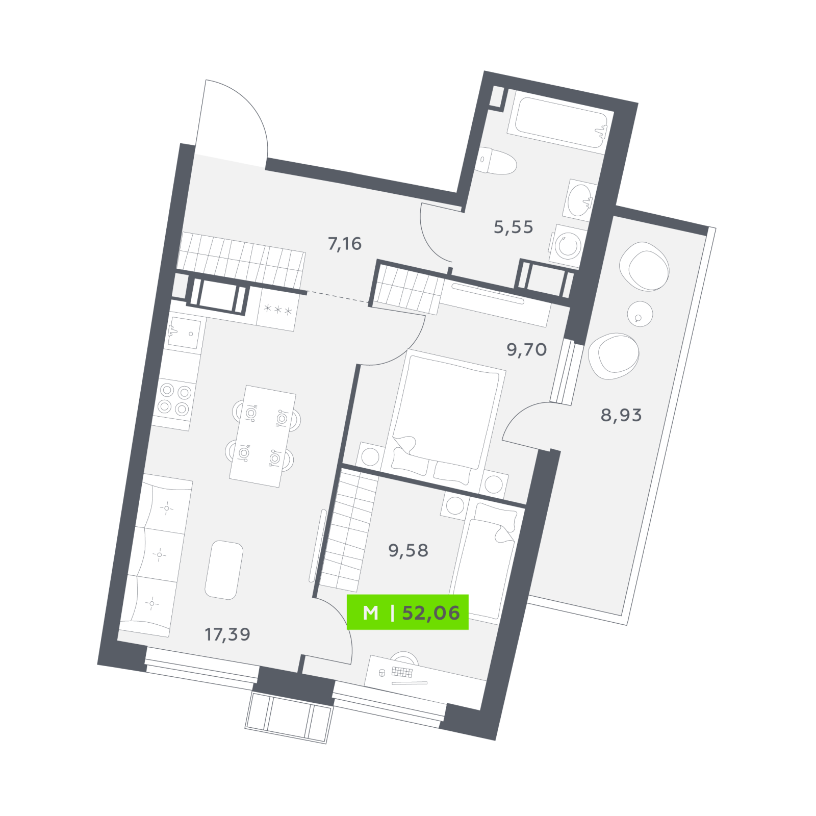 Планировка: 3-комнатная квартира, 52,1 м²