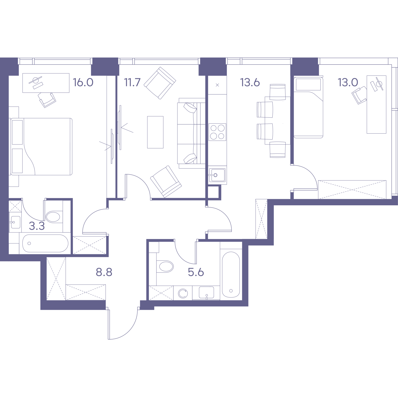Планировка: 3-комнатная квартира, 72,0 м²