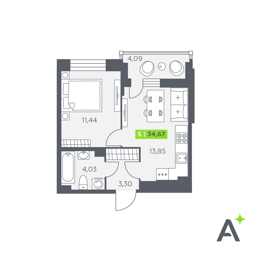 Планировка: 2-комнатная квартира, 34,7 м²