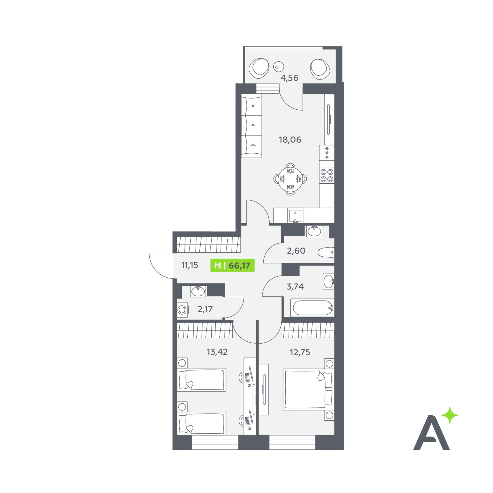 Планировка: 3-комнатная квартира, 66,2 м²