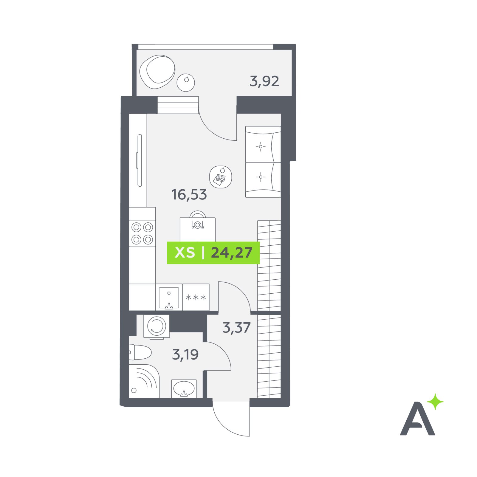 Планировка: студия, 24,3 м²