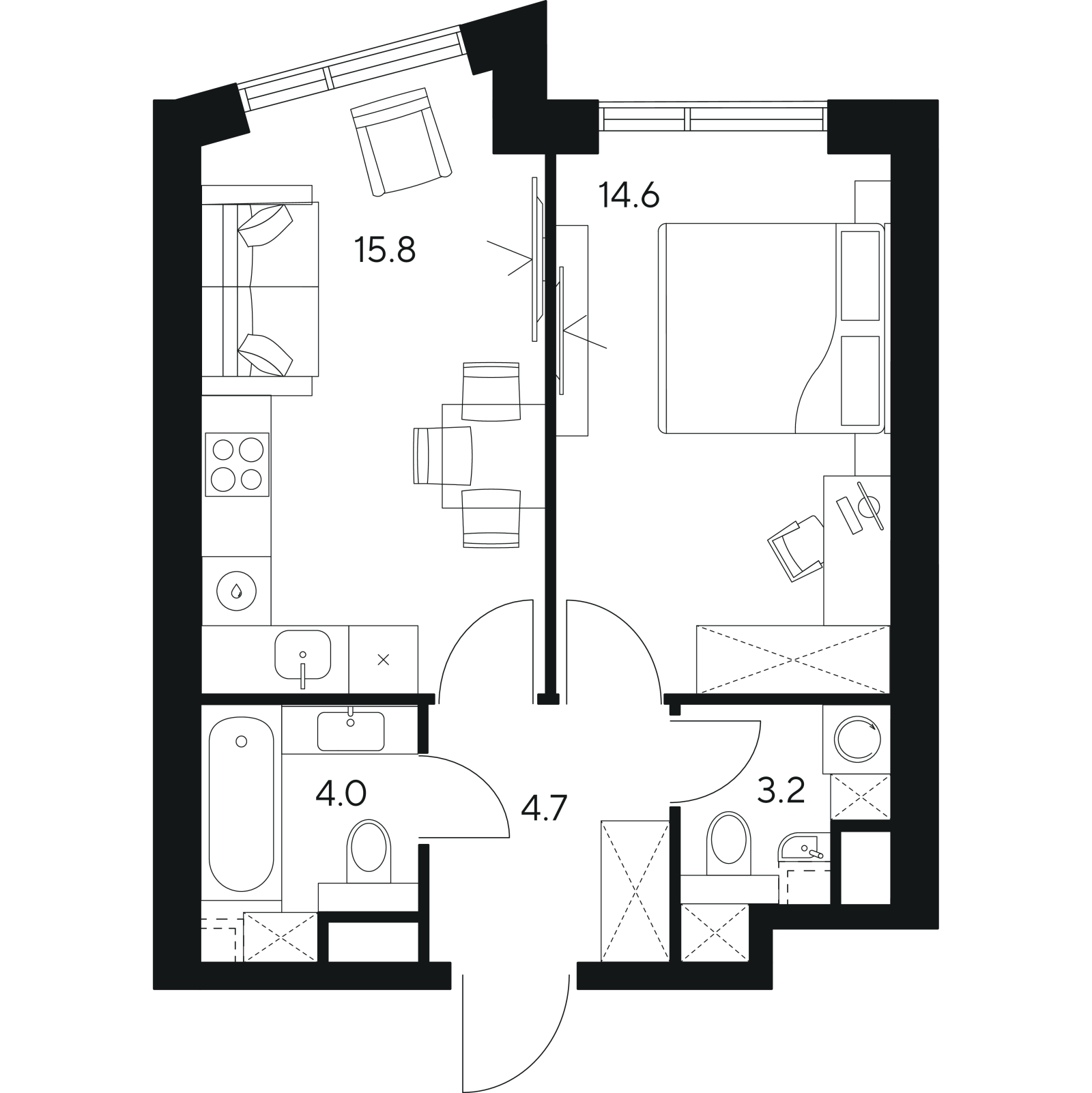 Планировка: 1-комнатная квартира, 42,3 м²