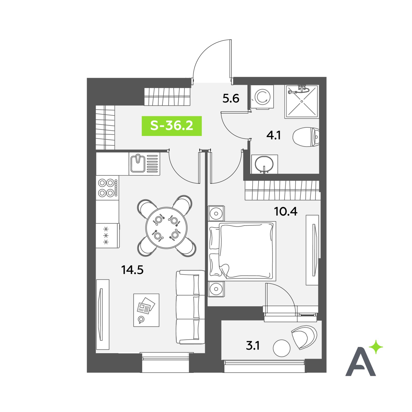 Планировка: 2-комнатная квартира, 36,2 м²
