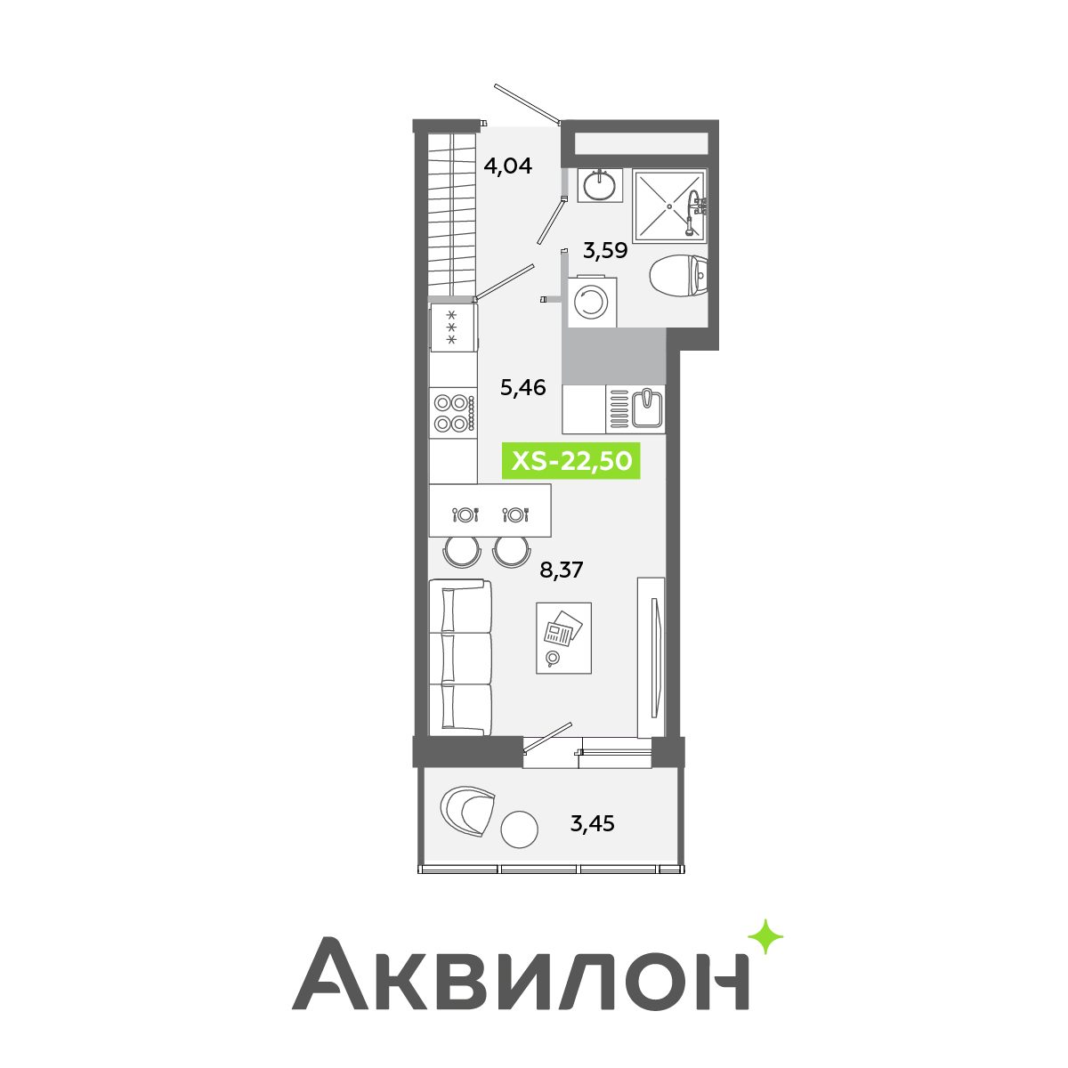 Планировка: студия, 22,5 м²