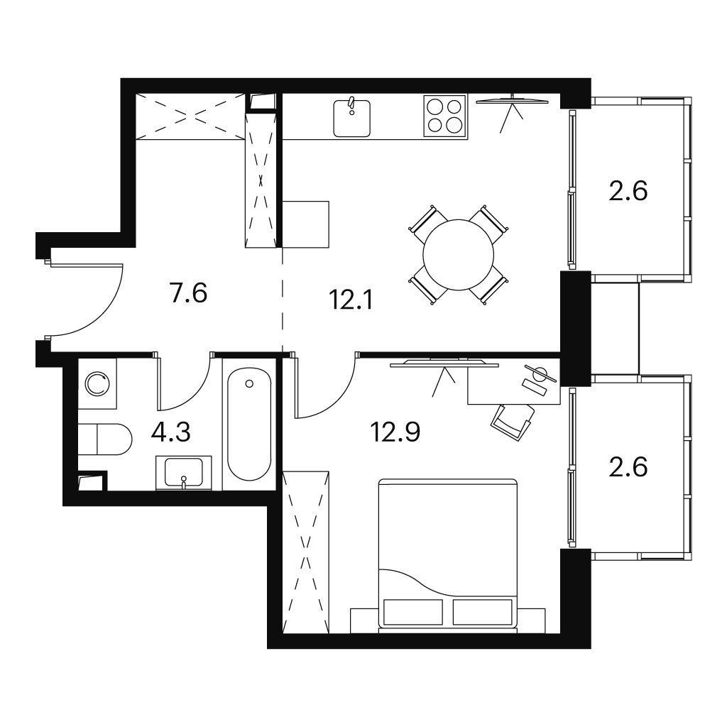 Планировка: 1-комнатная квартира, 42,1 м²