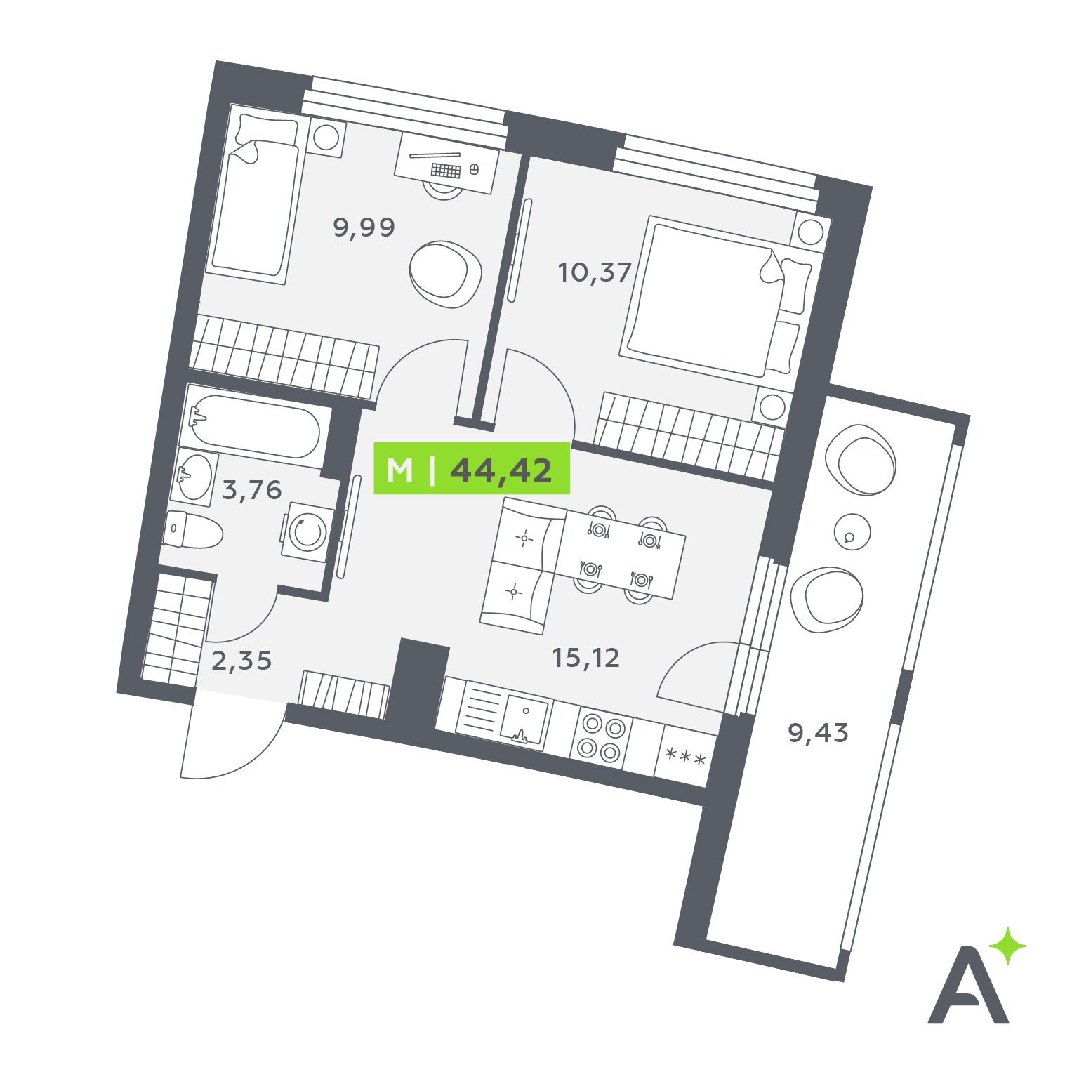 Планировка: 3-комнатная квартира, 44,4 м²