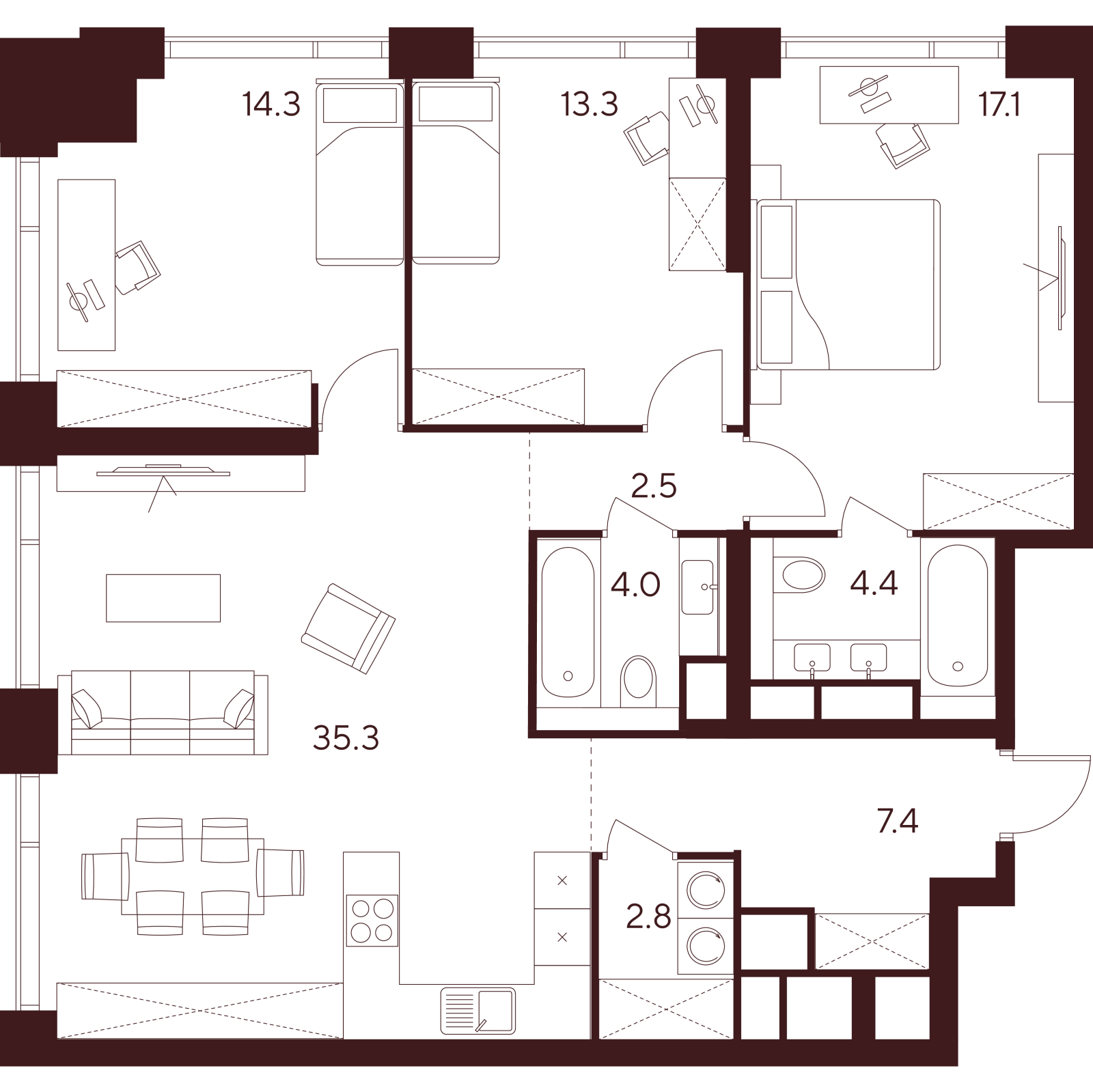 Планировка: 4-комнатная квартира, 101,1 м²