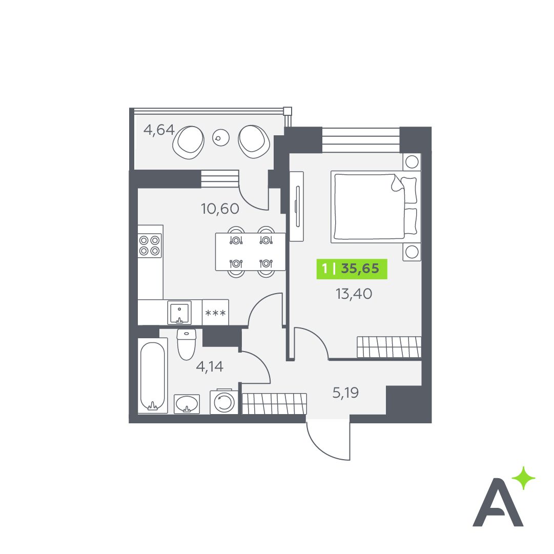 Планировка: 1-комнатная квартира, 35,7 м²