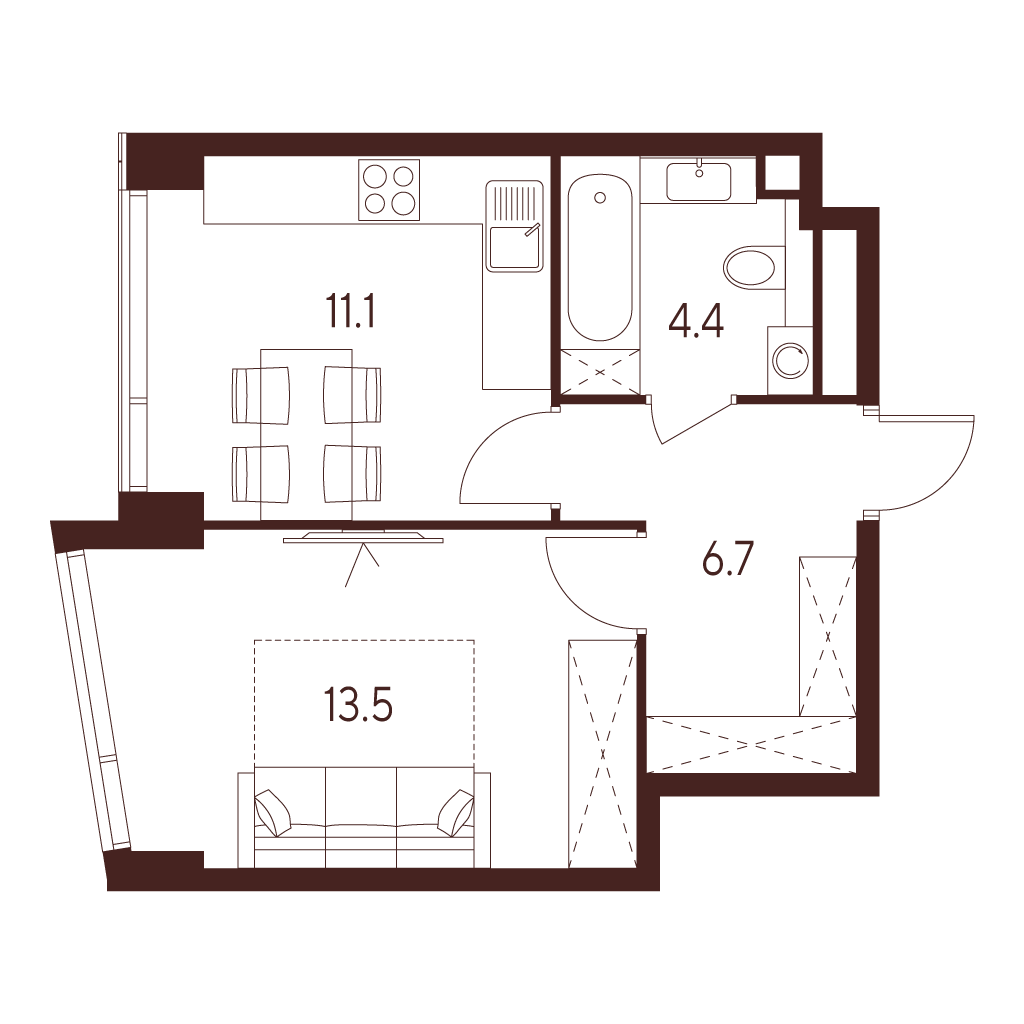 Планировка: 1-комнатная квартира, 35,7 м²