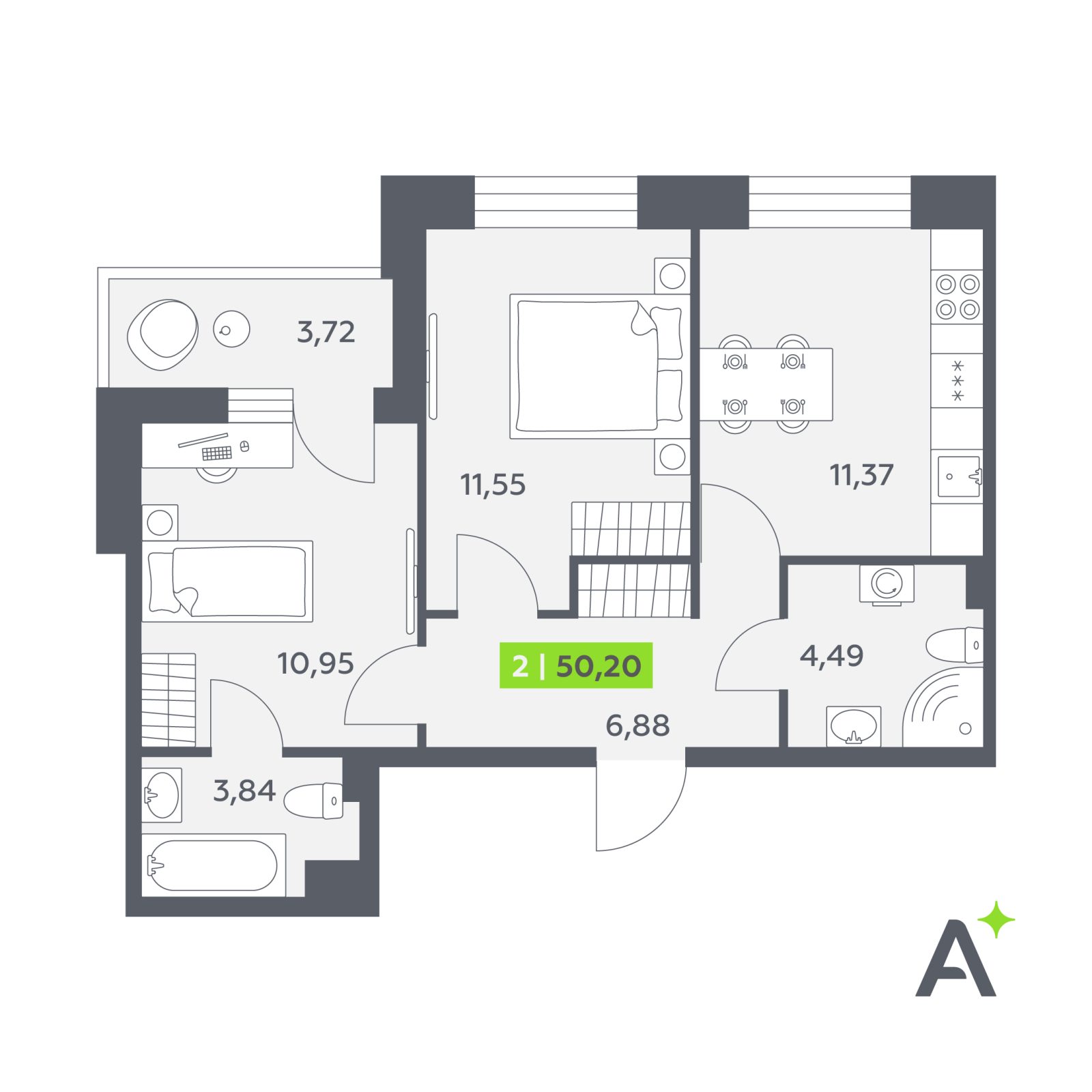 Планировка: 2-комнатная квартира, 50,2 м²