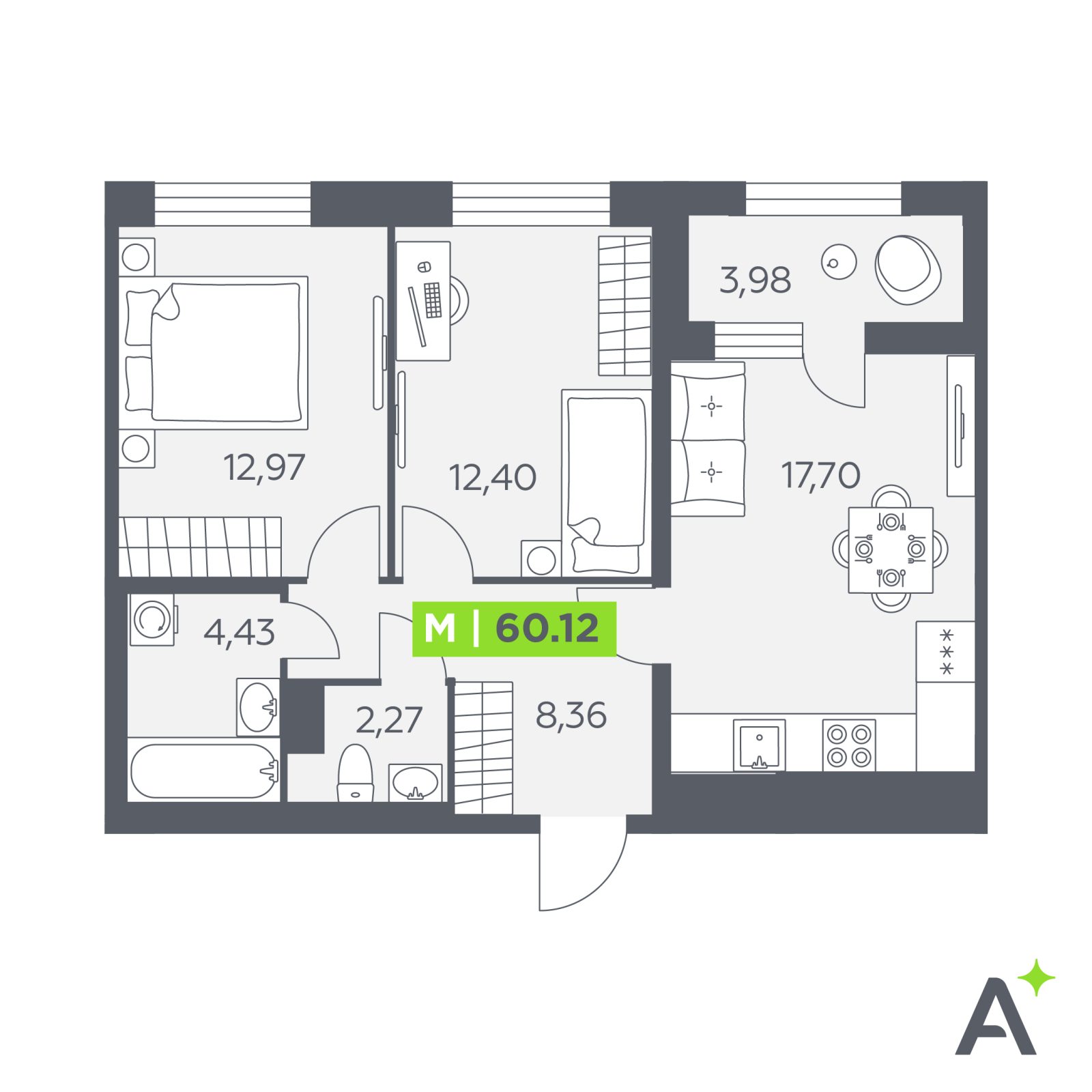 Планировка: 3-комнатная квартира, 60,1 м²