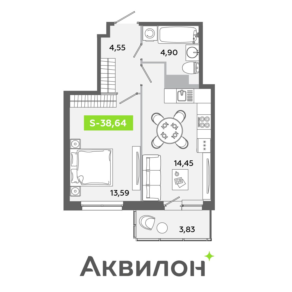 Планировка: 2-комнатная квартира, 38,6 м²