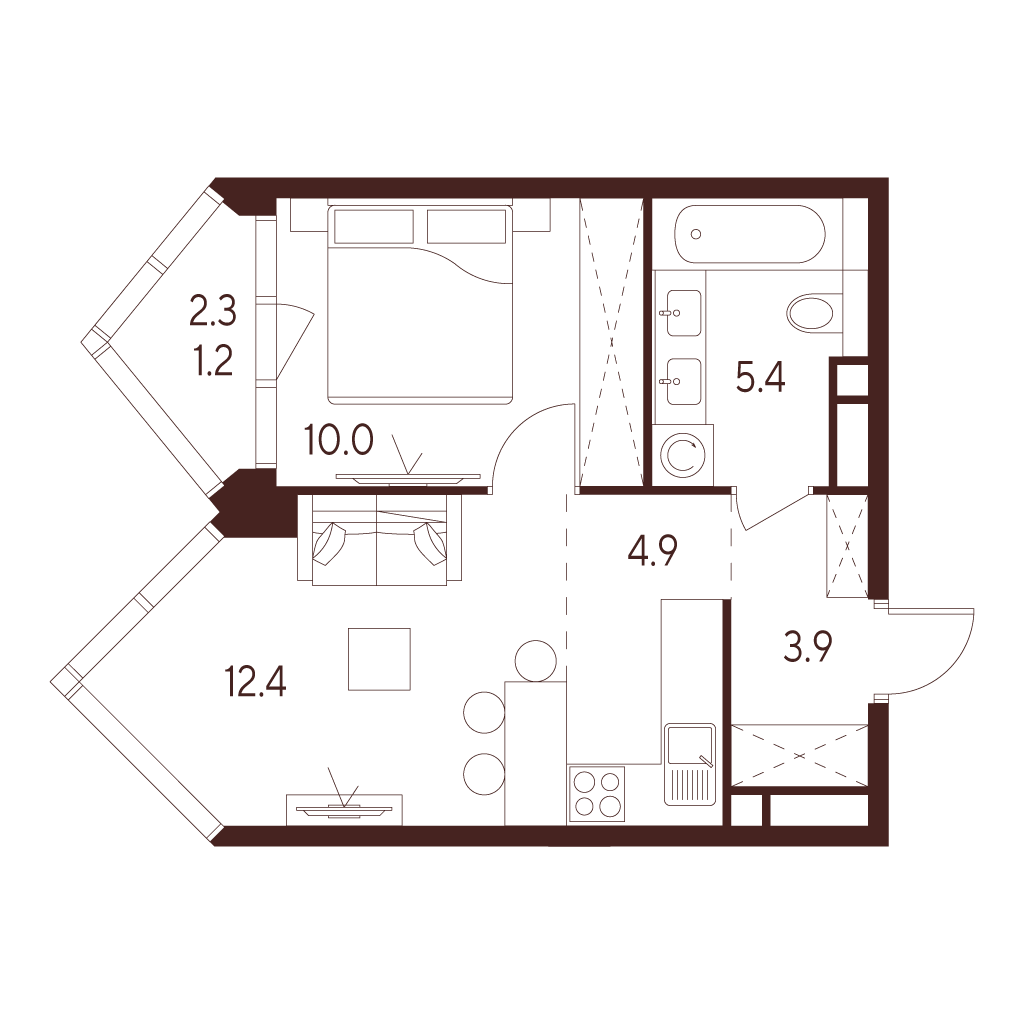 Планировка: 2-комнатная квартира, 37,8 м²