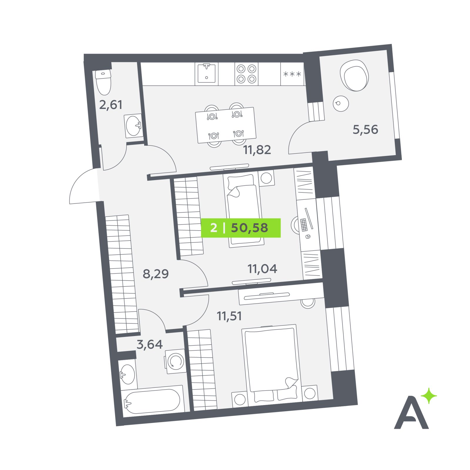 Планировка: 2-комнатная квартира, 50,6 м²