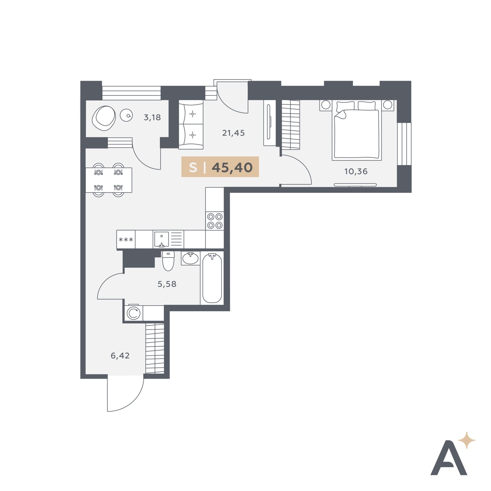 Планировка: 2-комнатная квартира, 45,4 м²
