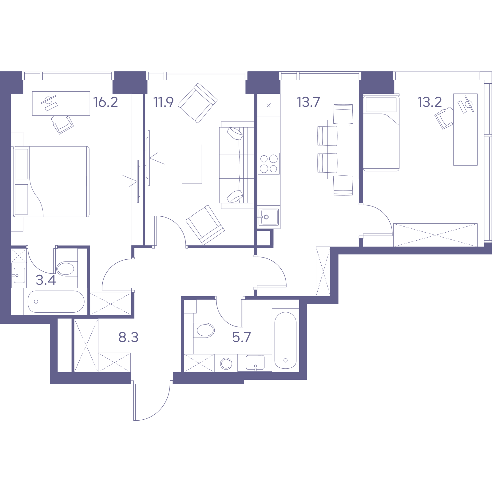 Планировка: 3-комнатная квартира, 72,4 м²