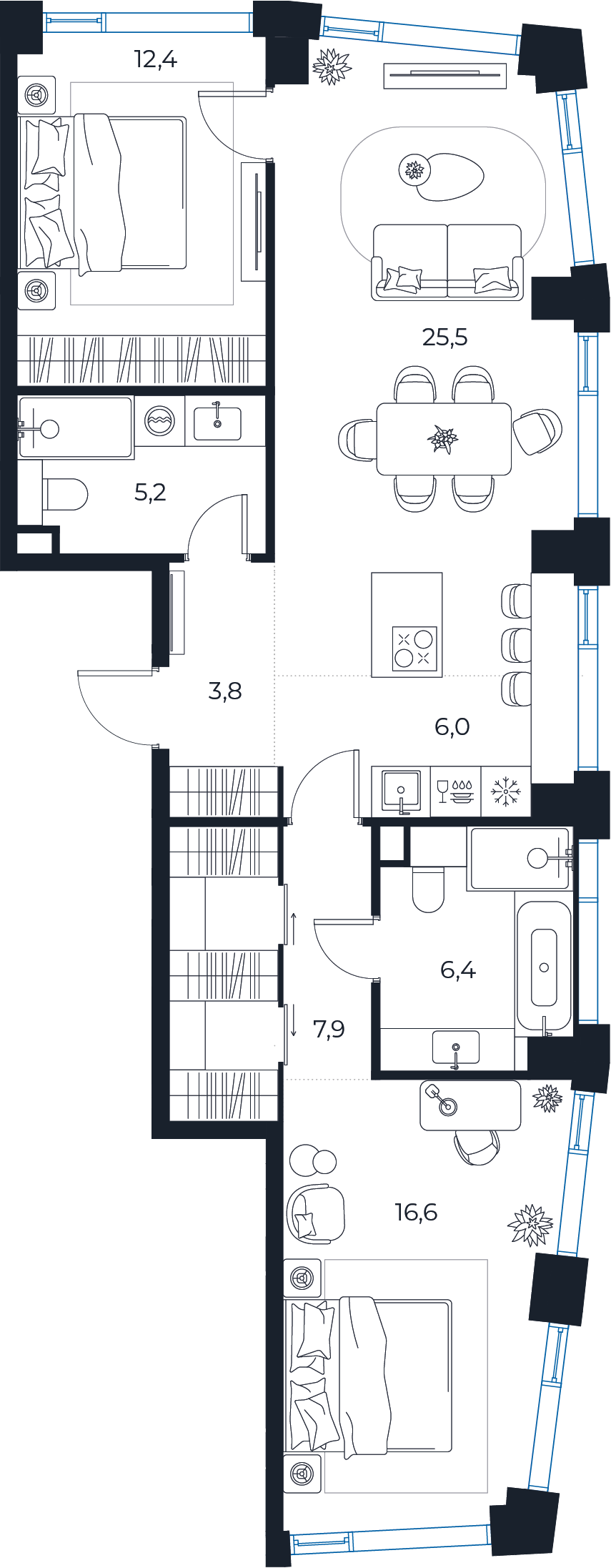 Планировка: 2-комнатная квартира, 84,0 м²