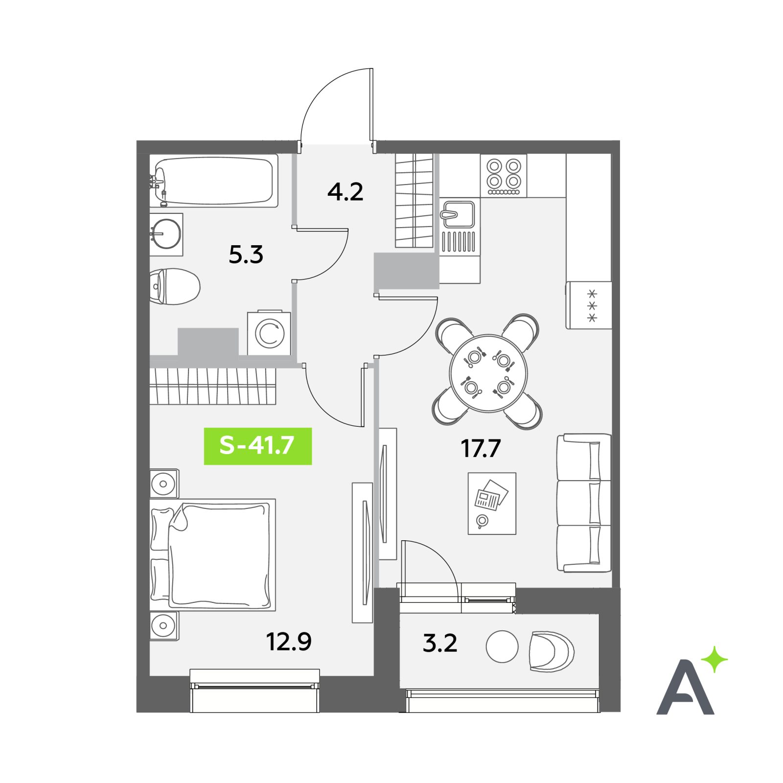 Планировка: 2-комнатная квартира, 41,7 м²