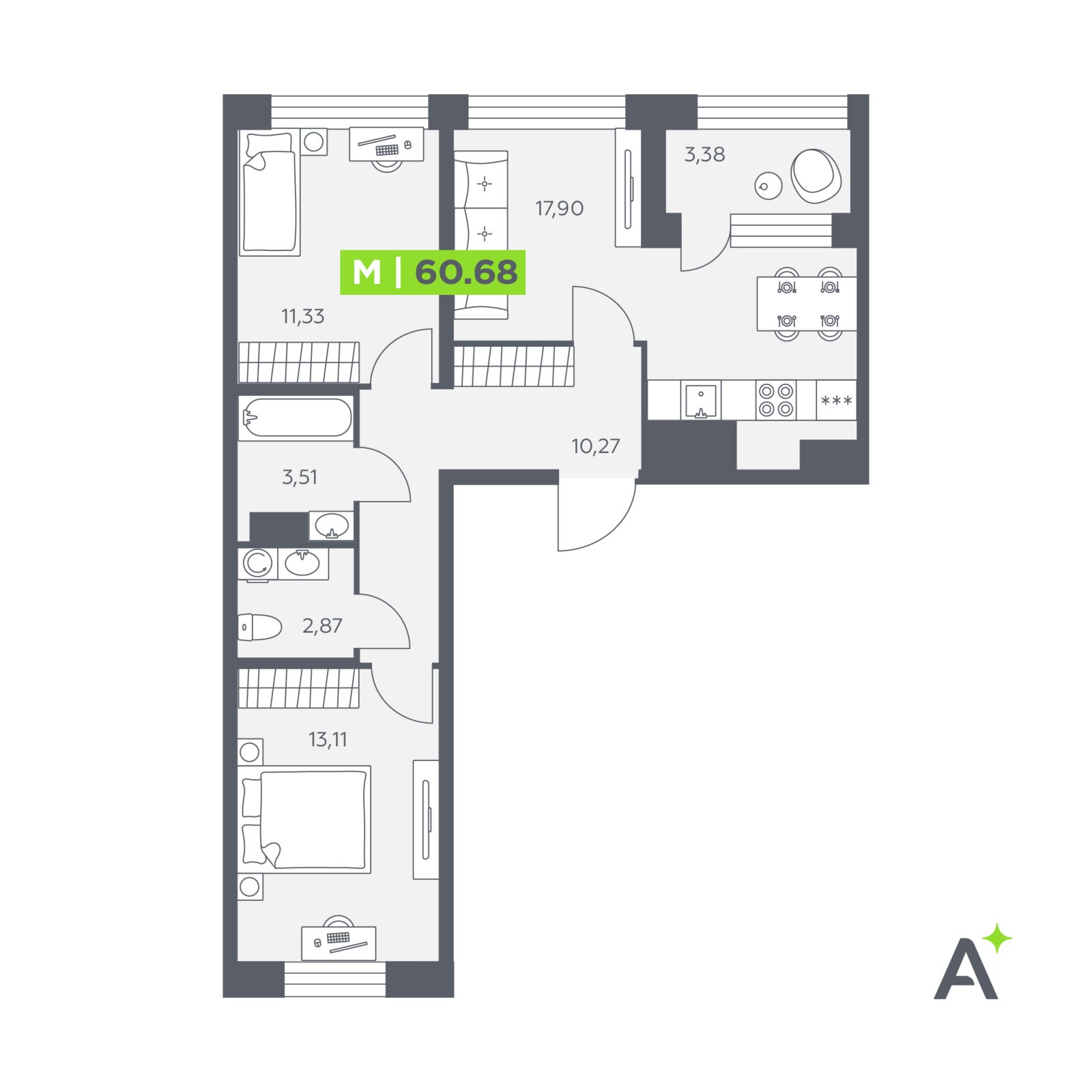 Планировка: 3-комнатная квартира, 60,7 м²