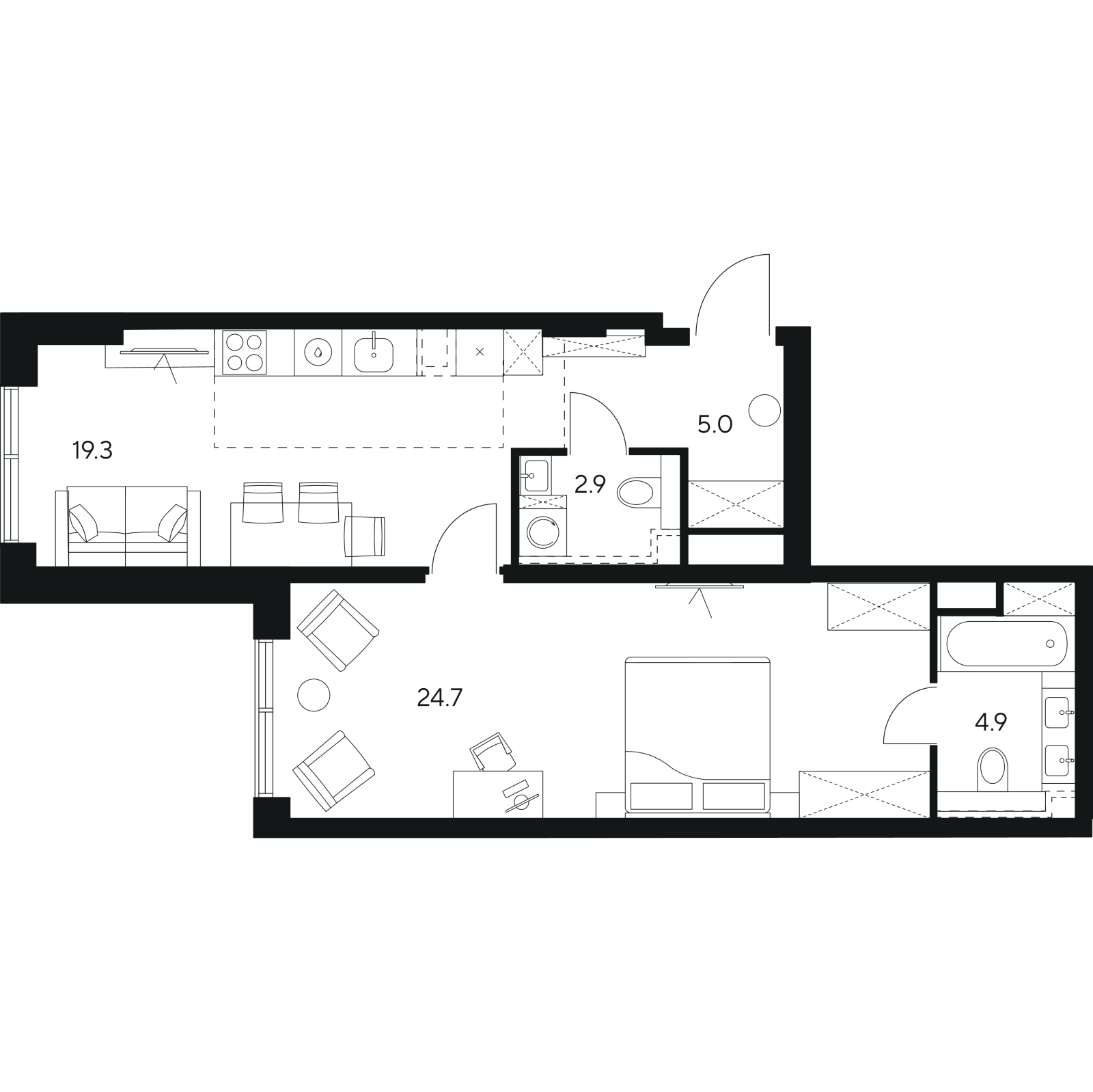 Планировка: 2-комнатная квартира, 56,8 м²