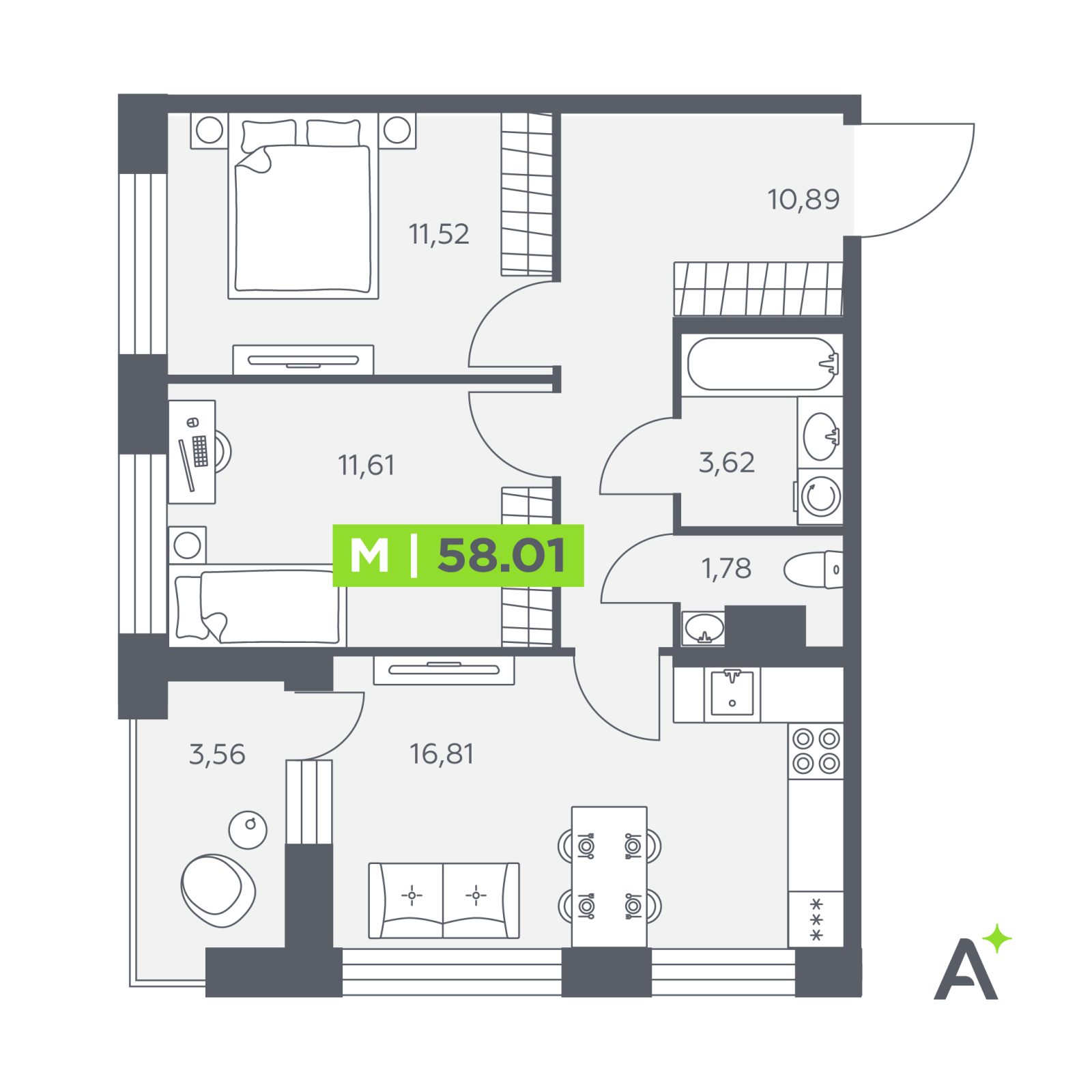 Планировка: 3-комнатная квартира, 58,0 м²