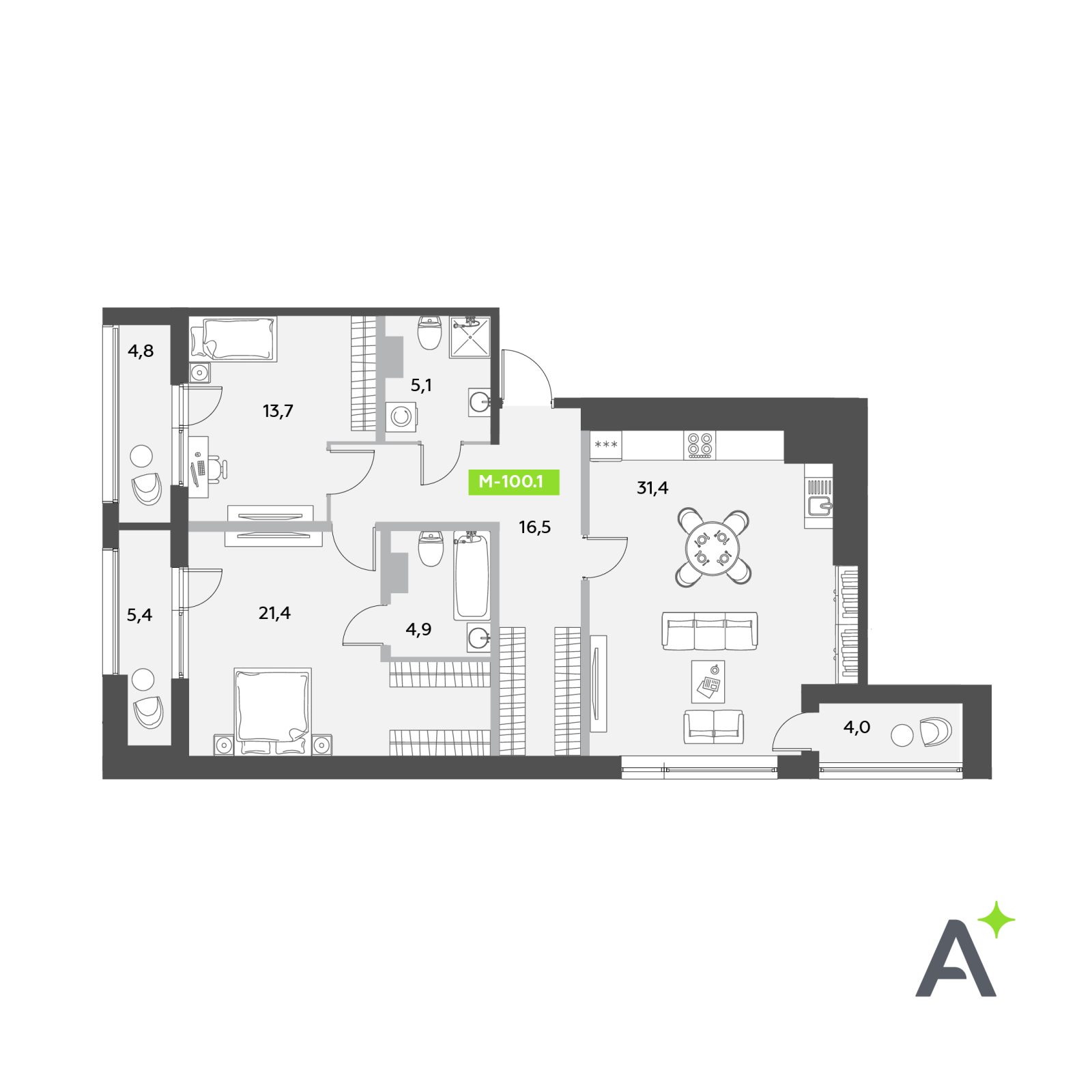 Планировка: 3-комнатная квартира, 100,1 м²