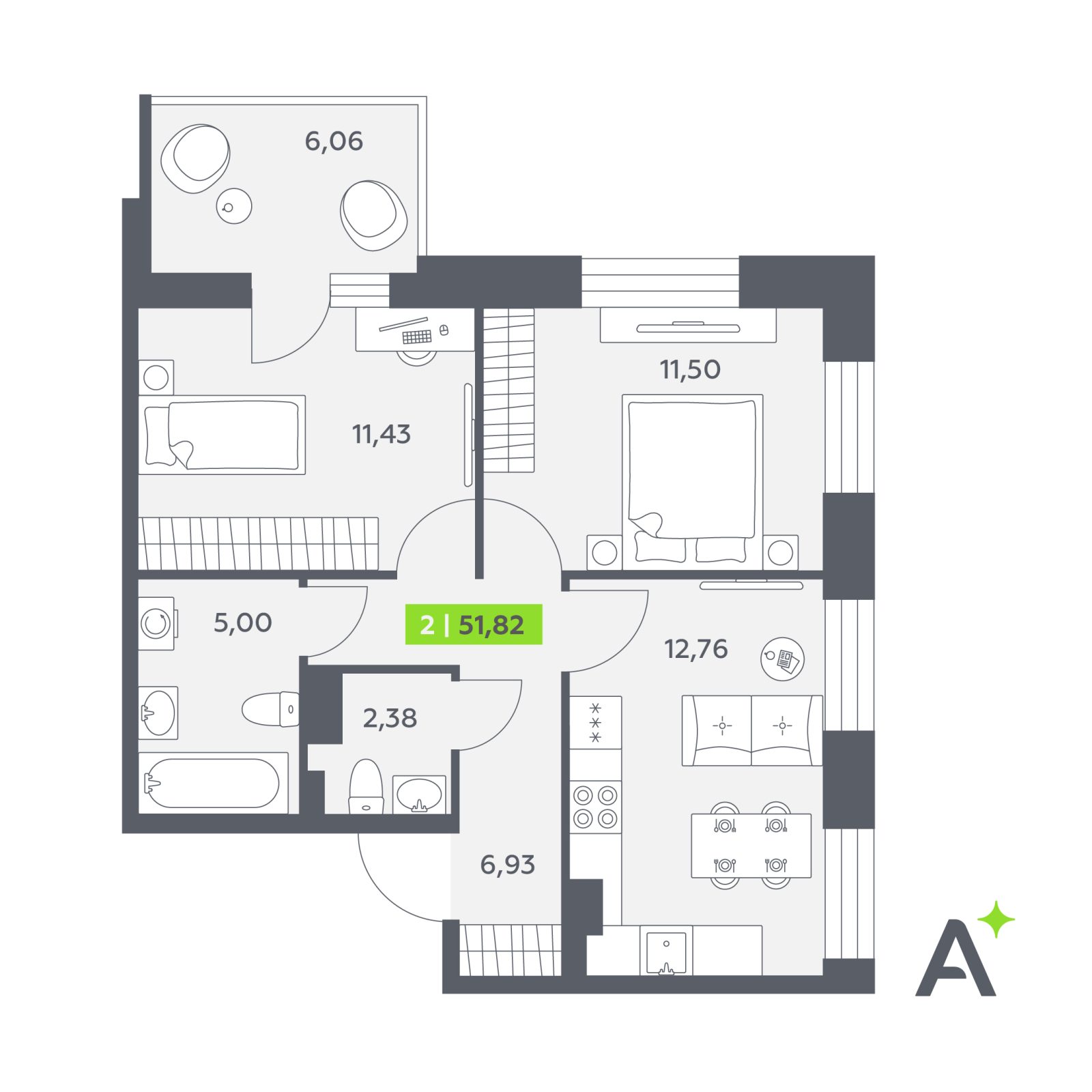 Планировка: 2-комнатная квартира, 51,8 м²