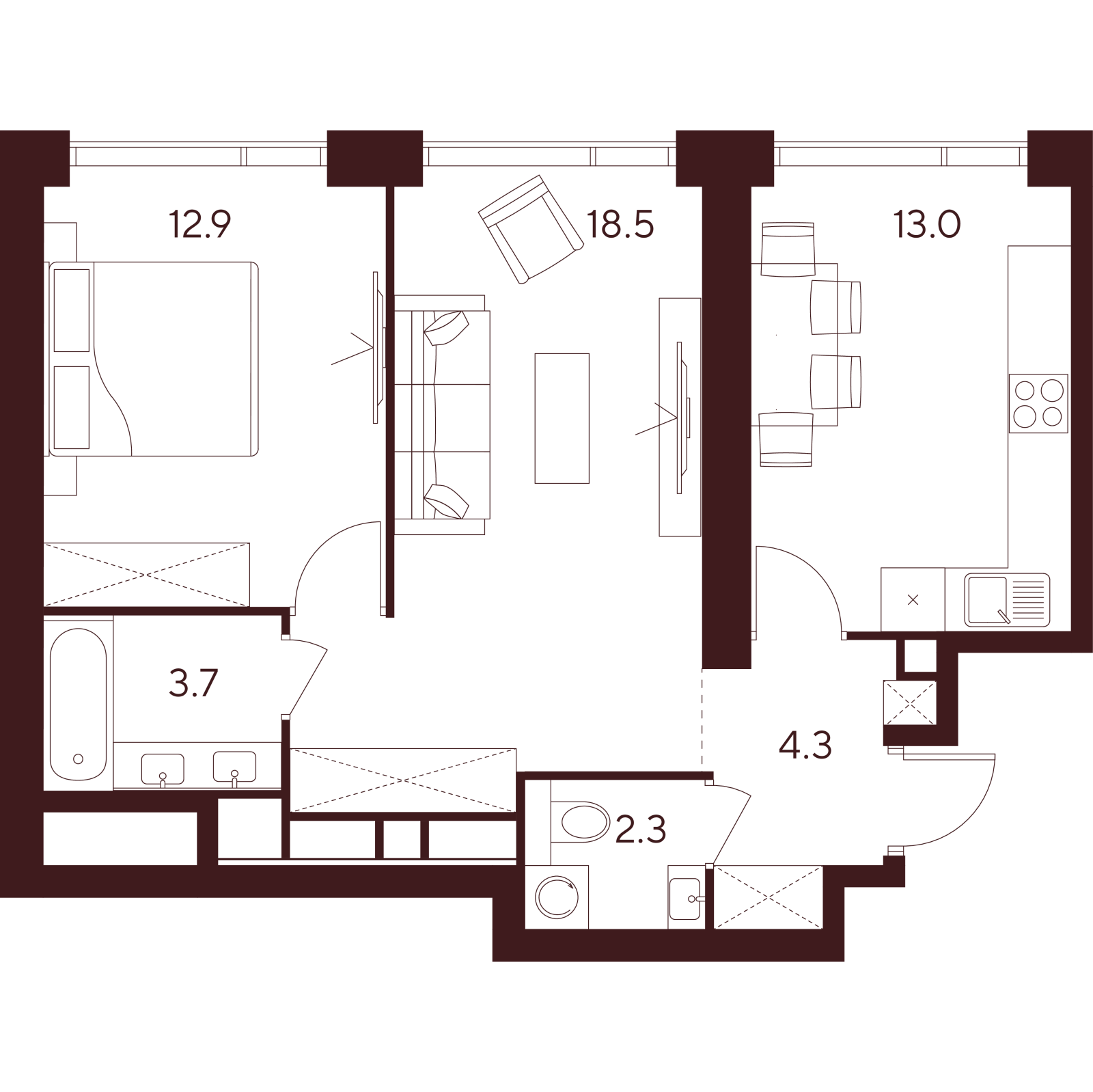 Планировка: 2-комнатная квартира, 54,7 м²