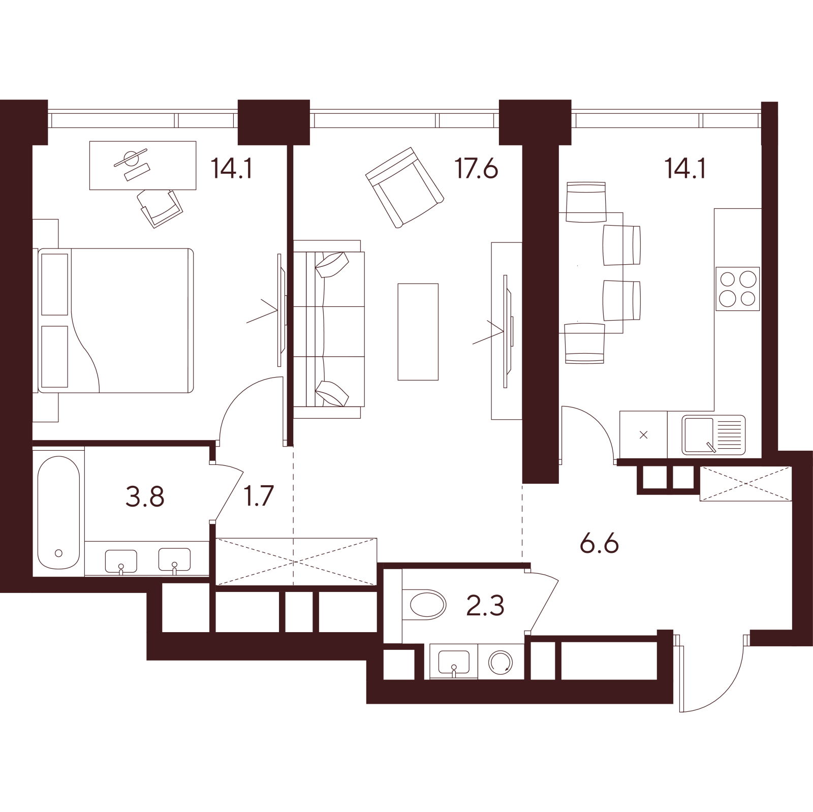 Планировка: 2-комнатная квартира, 60,2 м²