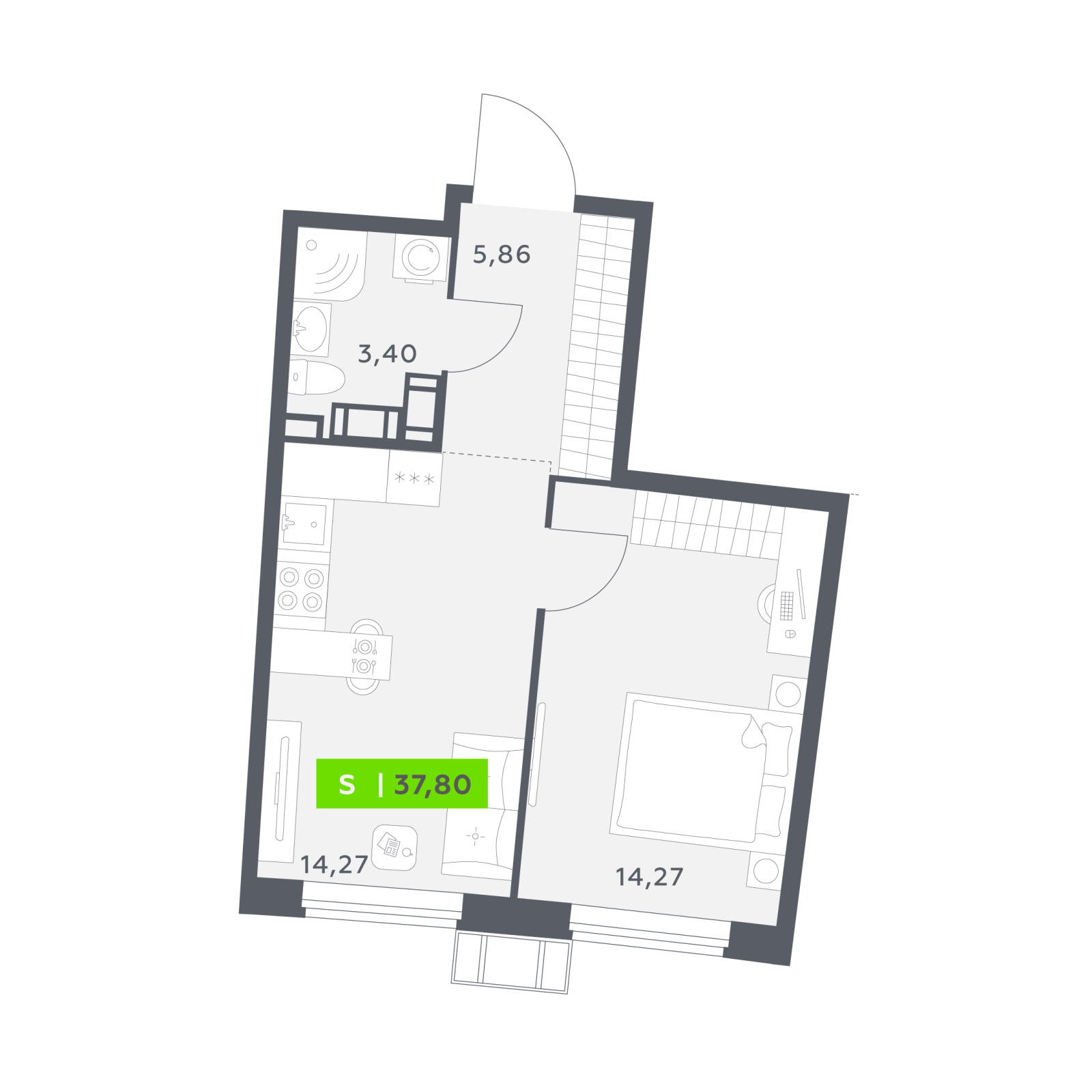 Планировка: 2-комнатная квартира, 37,8 м²