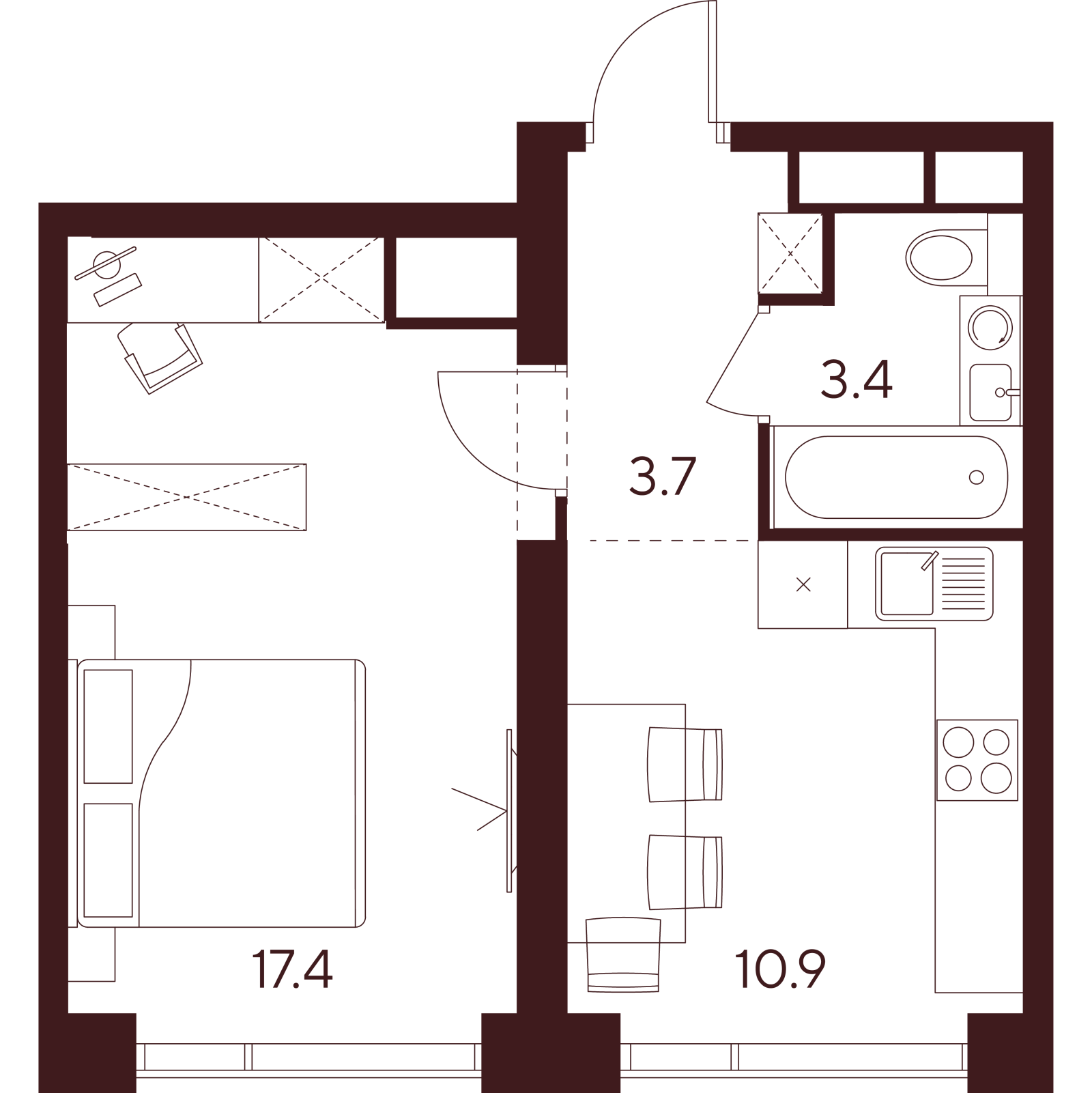 Планировка: 1-комнатная квартира, 35,4 м²