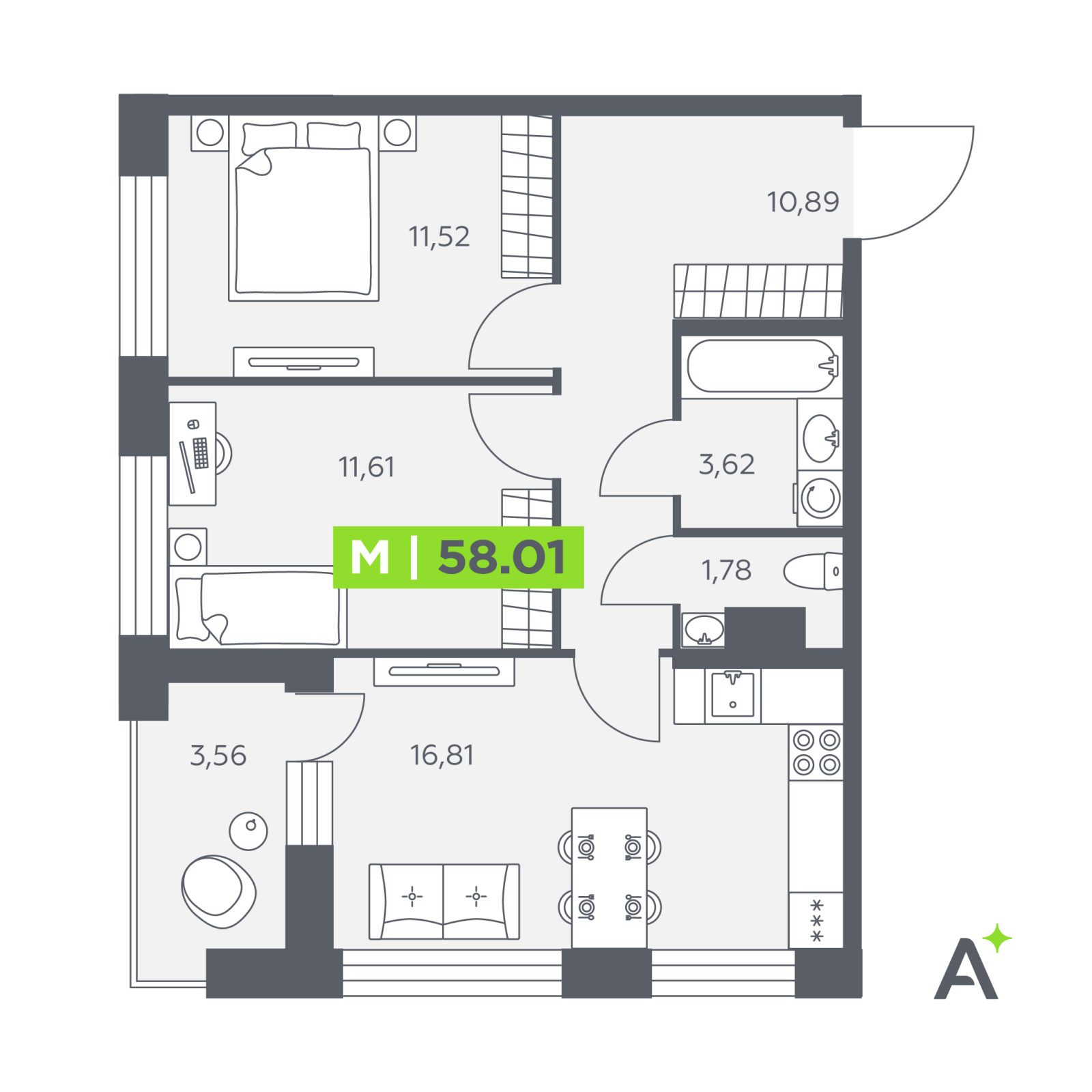 Планировка: 3-комнатная квартира, 58,0 м²