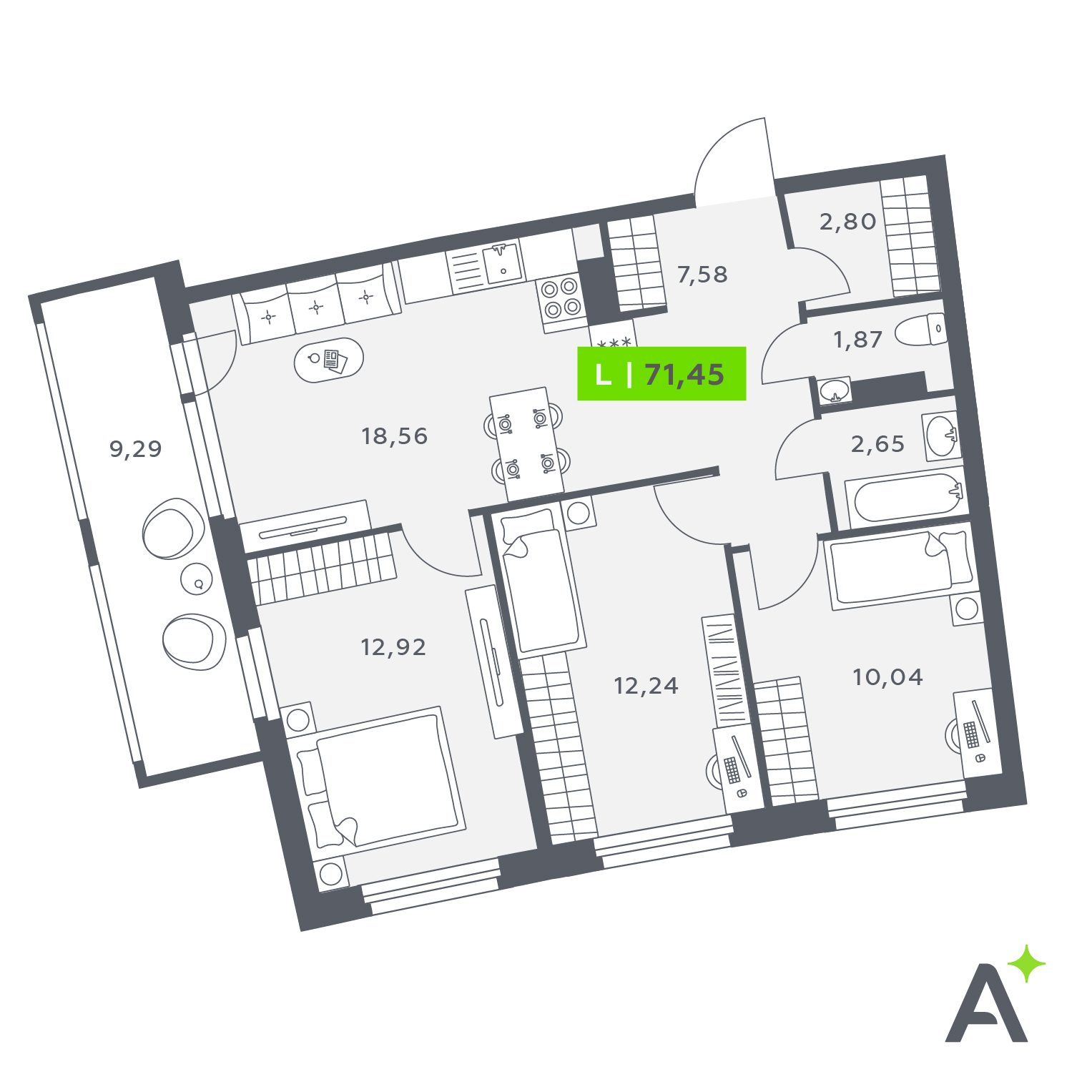 Планировка: 4-комнатная квартира, 71,5 м²