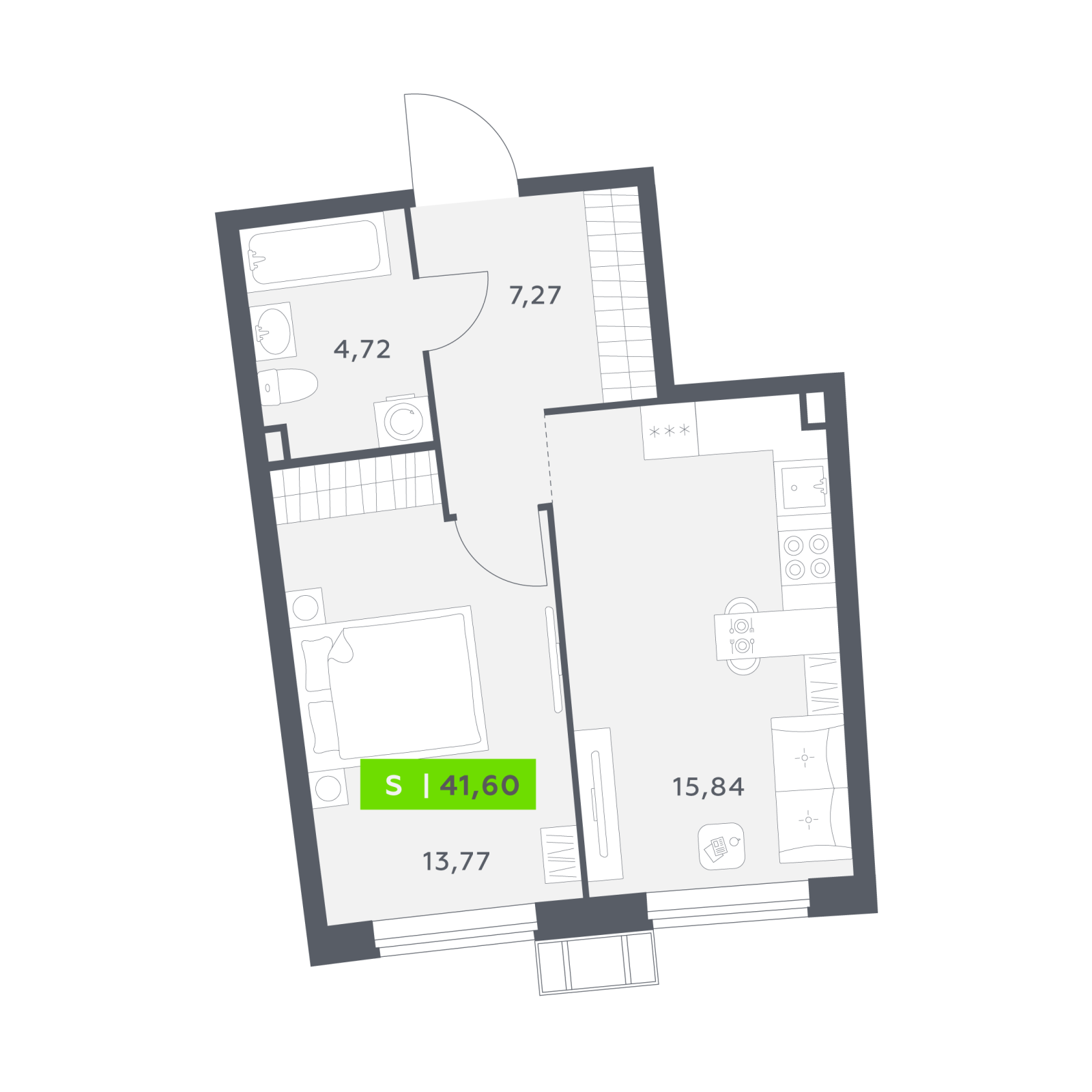 Планировка: 2-комнатная квартира, 41,6 м²