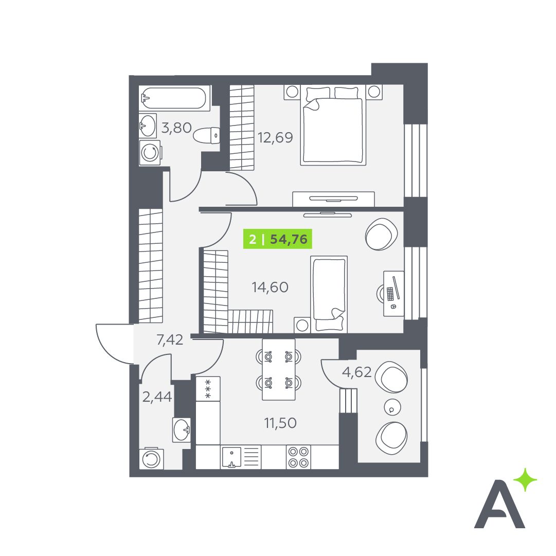 Планировка: 2-комнатная квартира, 54,8 м²