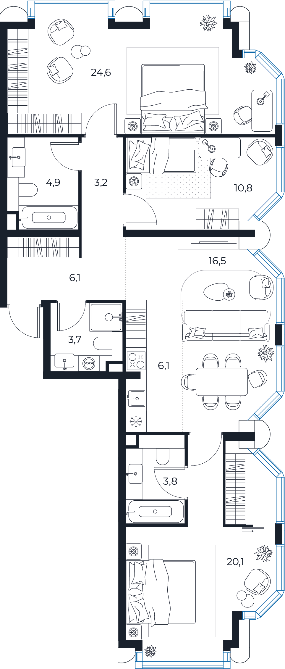 Планировка: 3-комнатная квартира, 99,8 м²